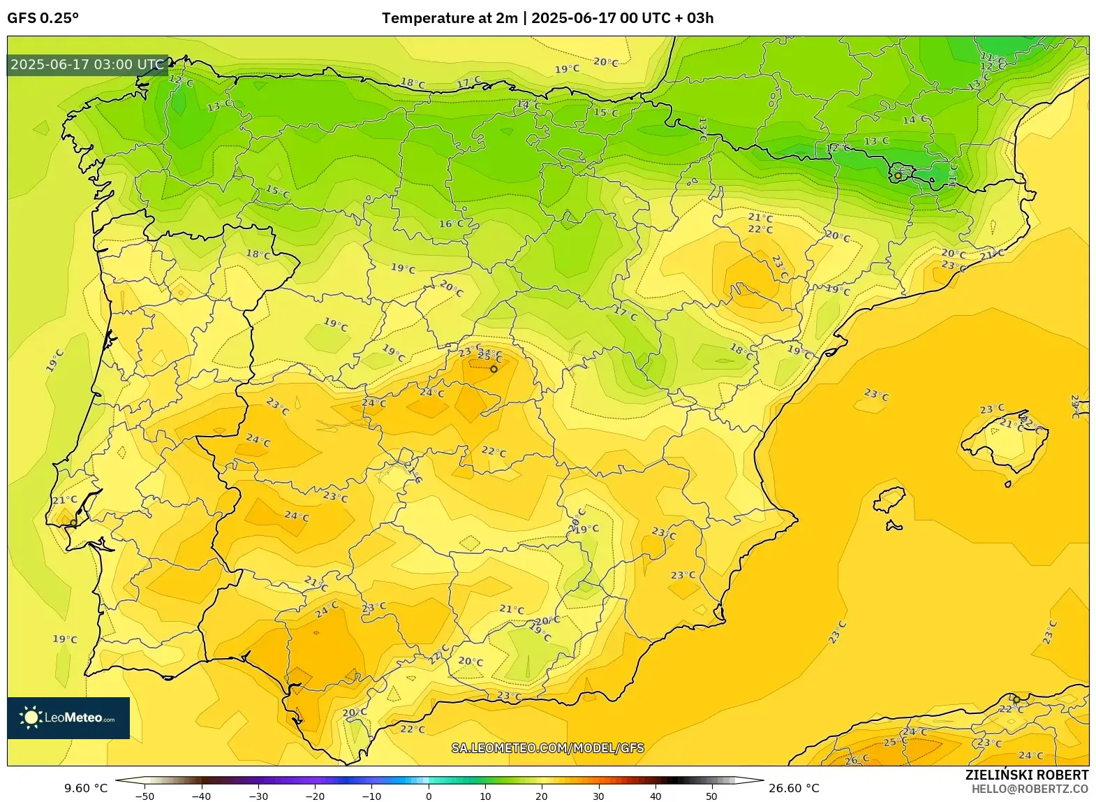GFS model - Sepanyol, Suhu pada 2 m GFS model - Sepanyol, Suhu pada 2 m