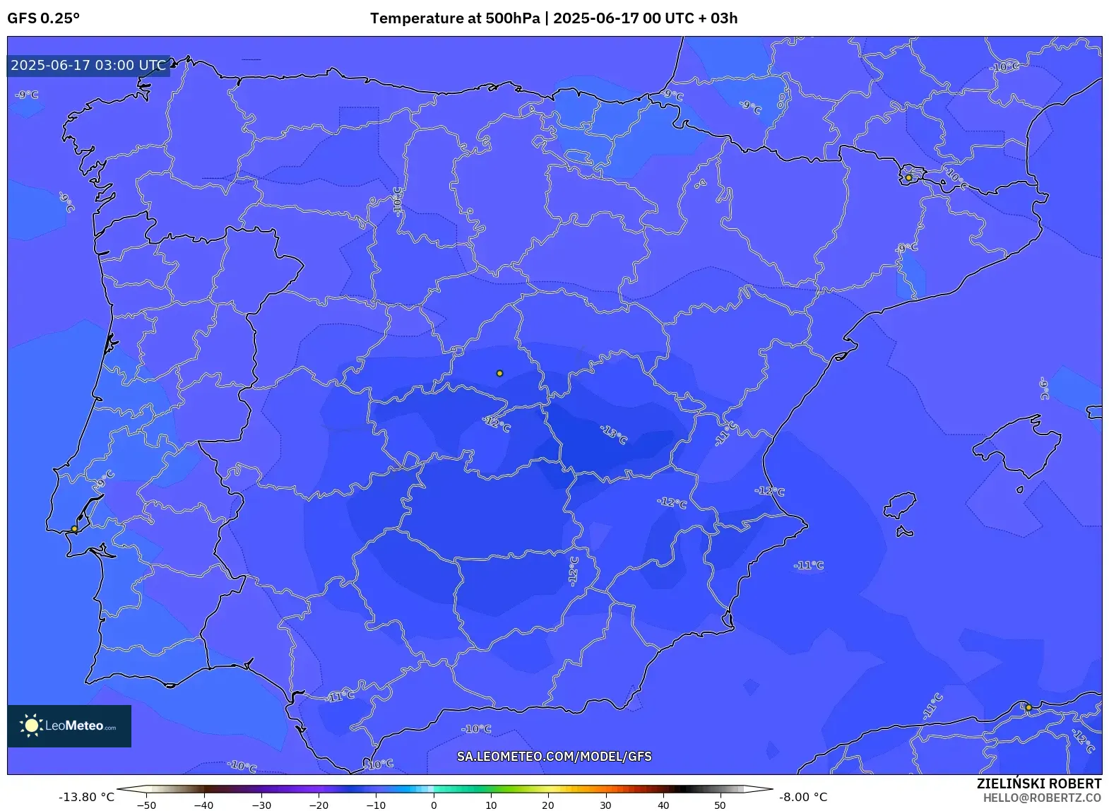GFS model - Sepanyol, Suhu 500 hPa GFS model - Sepanyol, Suhu 500 hPa