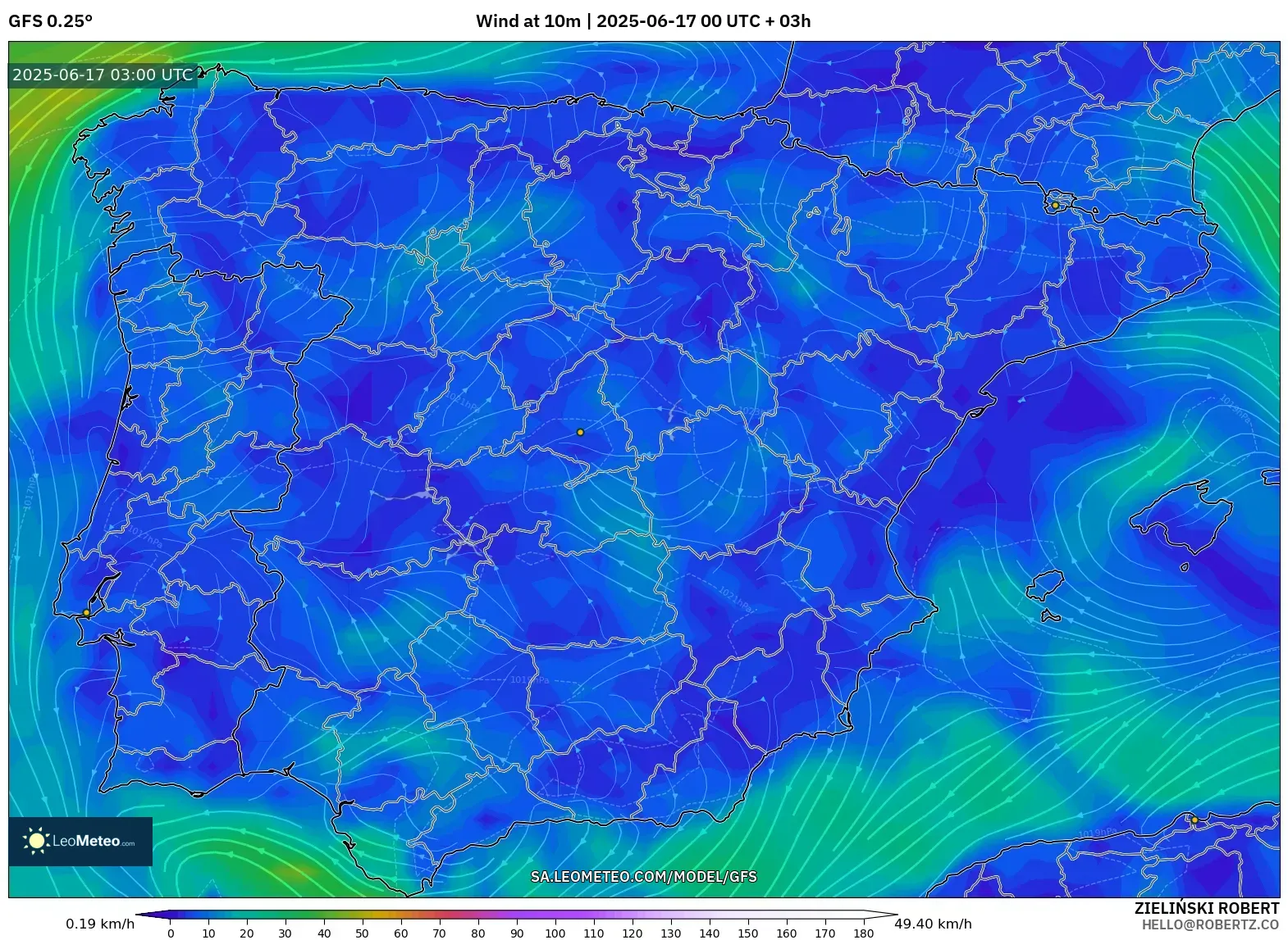 GFS model - Sepanyol, Angin 10 m GFS model - Sepanyol, Angin 10 m