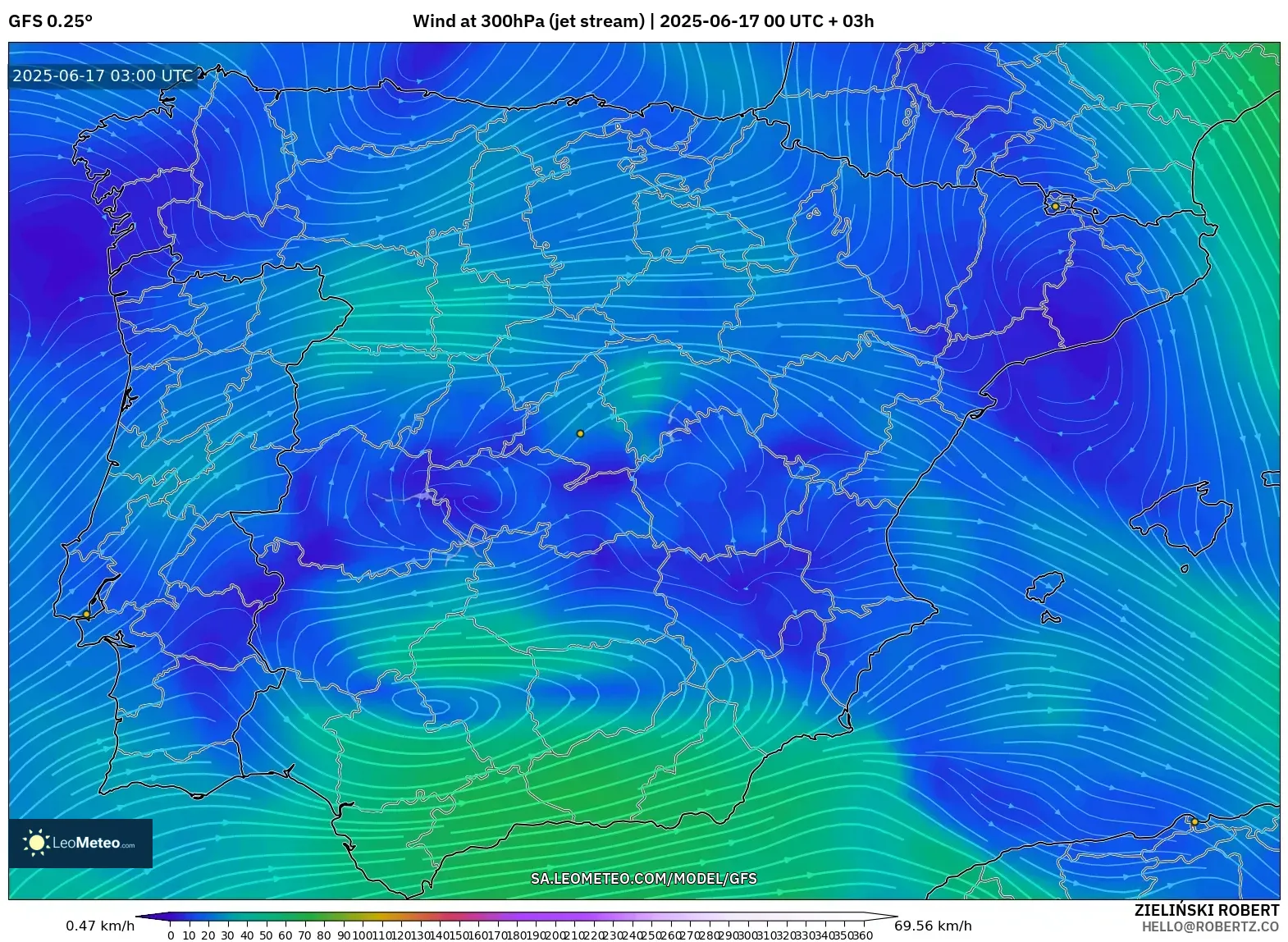 GFS model - Sepanyol, Angin 300 hPa (aliran jet) GFS model - Sepanyol, Angin 300 hPa (aliran jet)