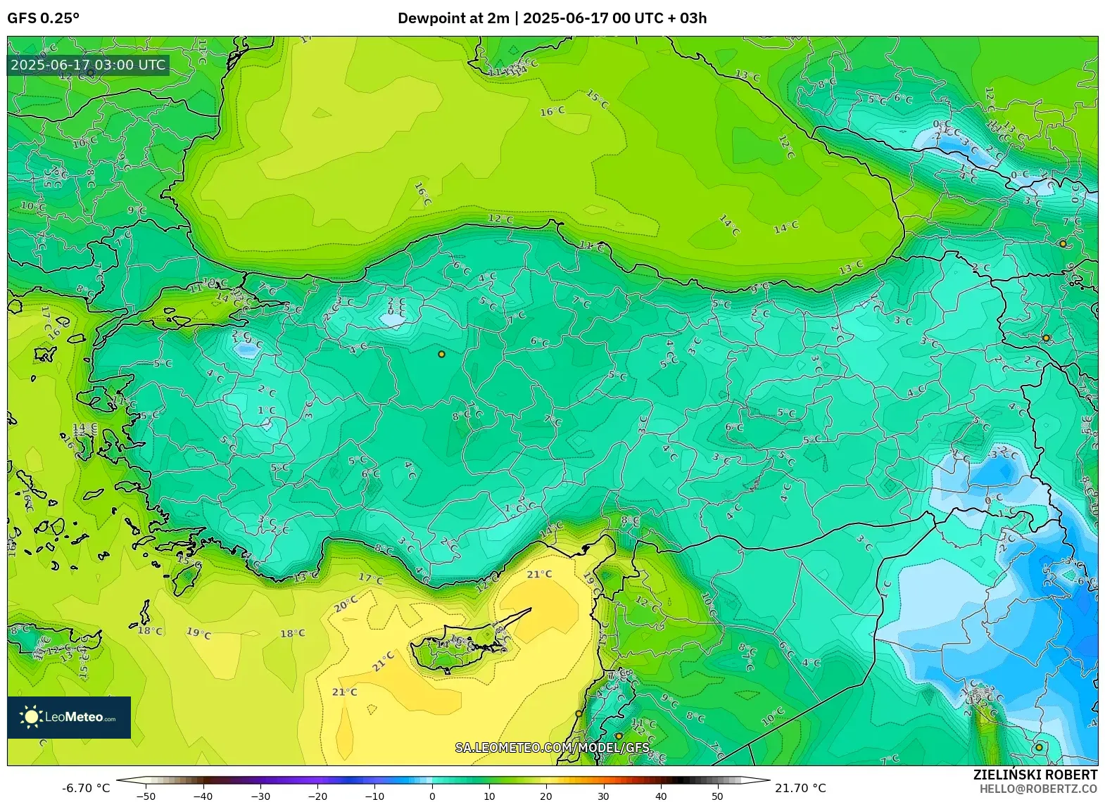 GFS model - Turki, Takat Embun 2 m GFS model - Turki, Takat Embun 2 m