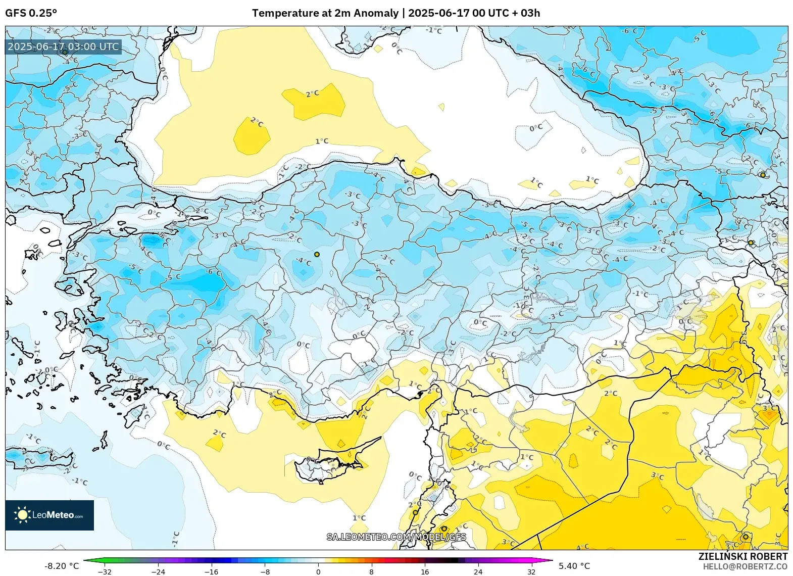 GFS model - Turki, Anomali Suhu 2 m GFS model - Turki, Anomali Suhu 2 m
