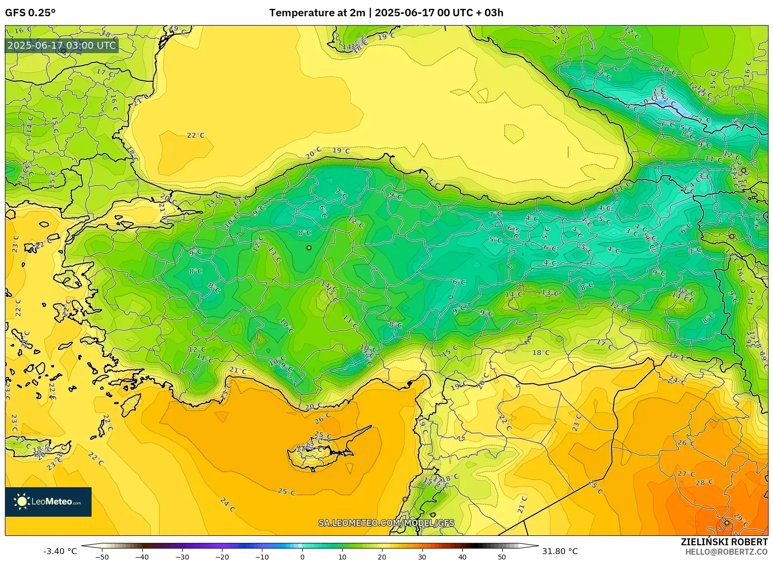 GFS model - Turki, Suhu pada 2 m GFS model - Turki, Suhu pada 2 m