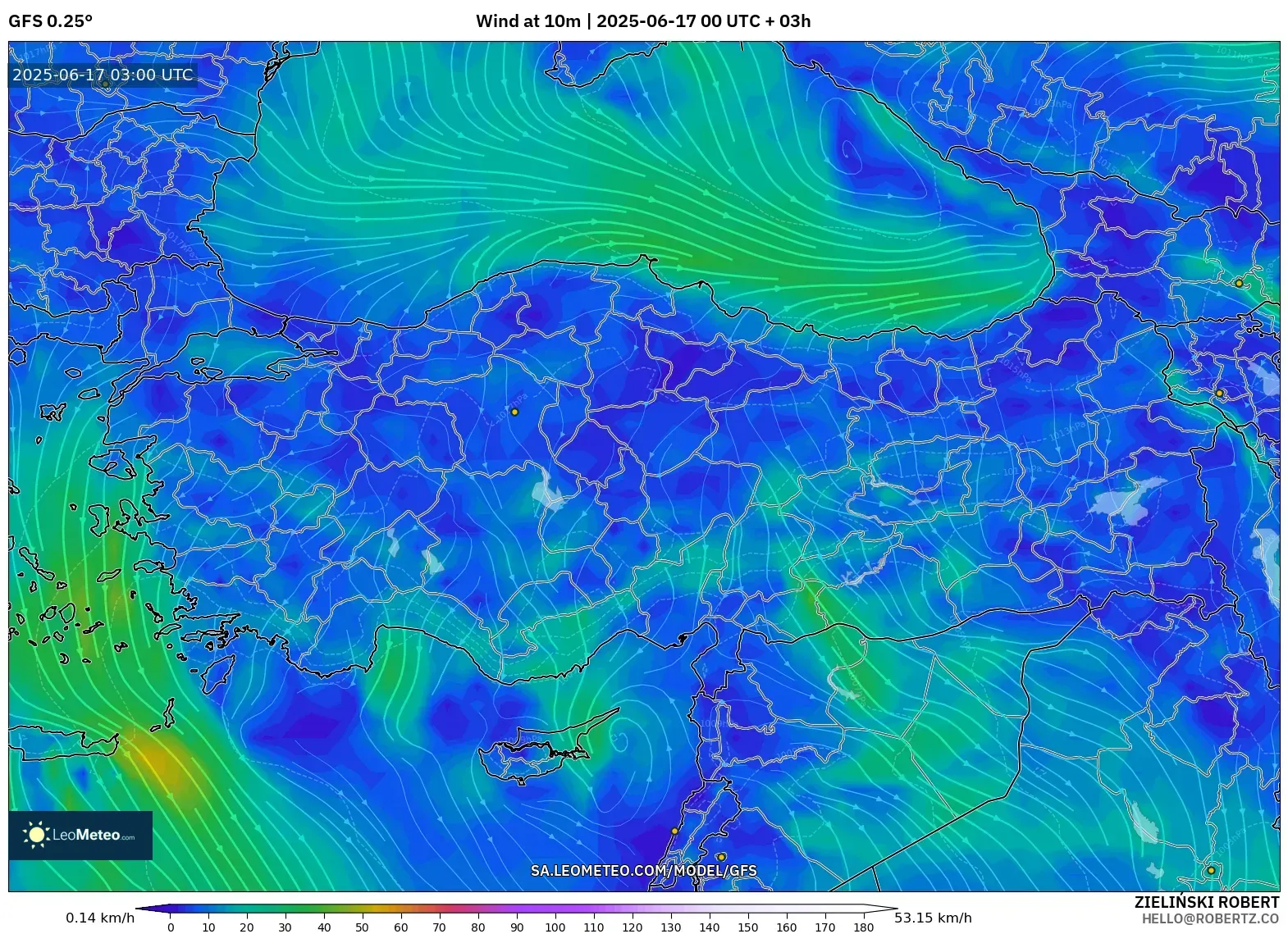 GFS model - Turki, Angin 10 m GFS model - Turki, Angin 10 m