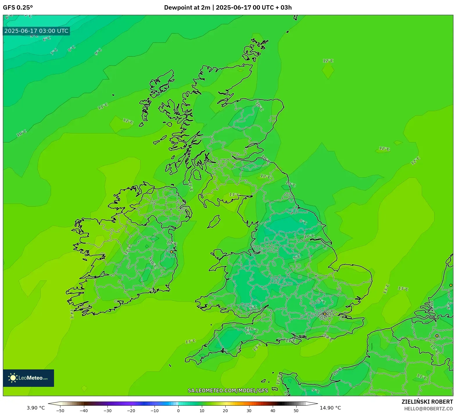 GFS model - United Kingdom, Takat Embun 2 m GFS model - United Kingdom, Takat Embun 2 m