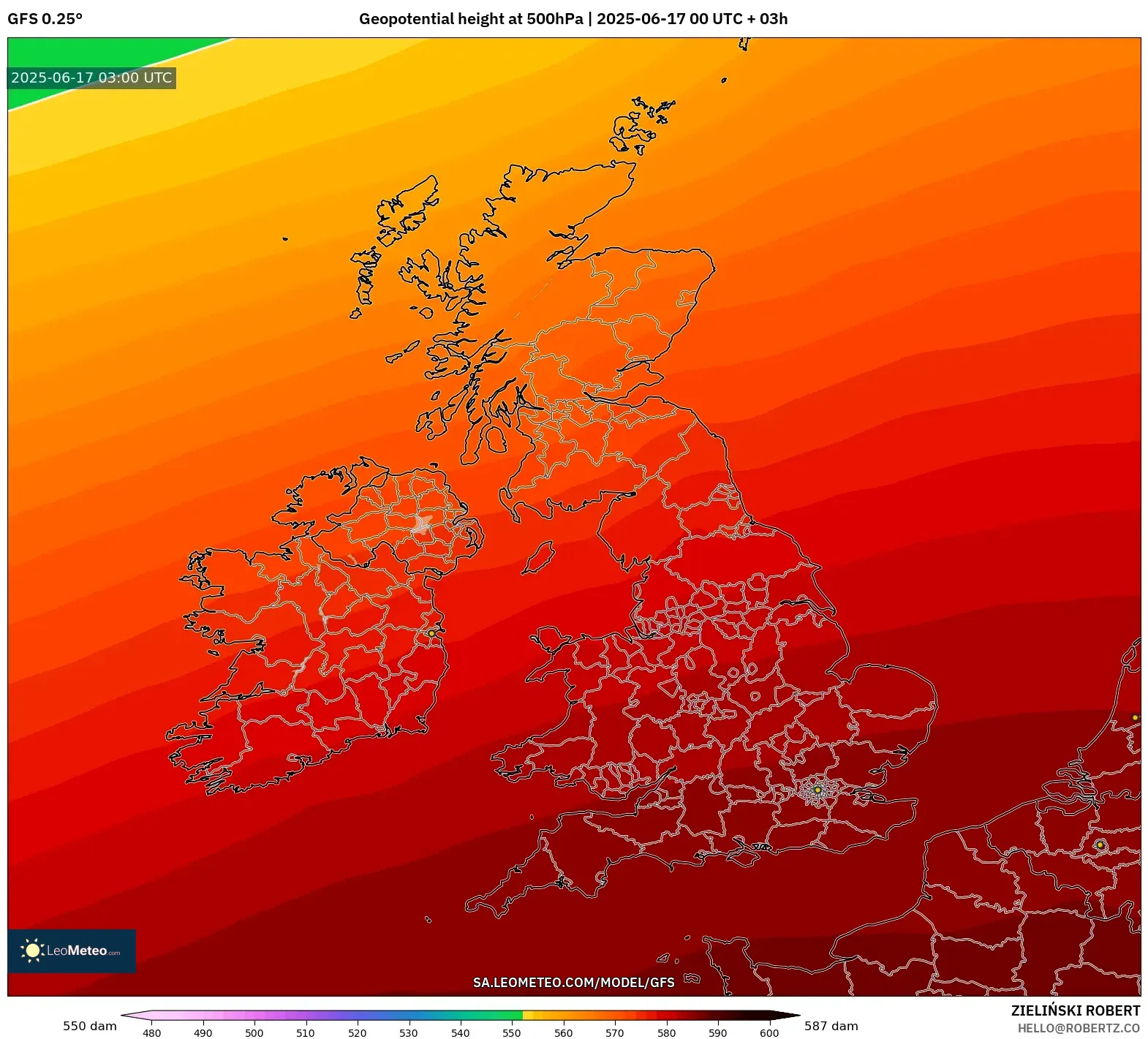 GFS model - United Kingdom, Ketinggian geopotensial pada 500 hPa GFS model - United Kingdom, Ketinggian geopotensial pada 500 hPa
