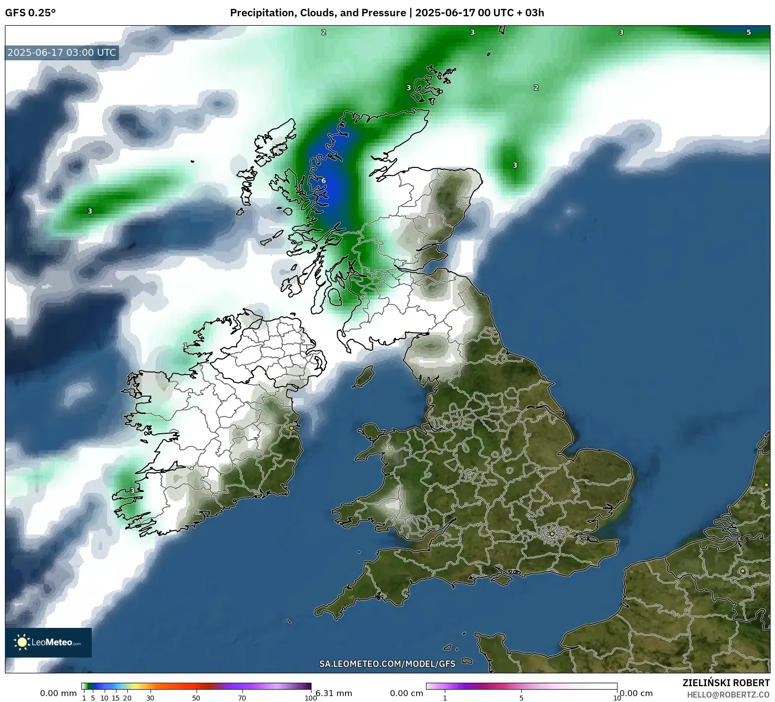 GFS model - United Kingdom, Hujan, Awan dan Tekanan