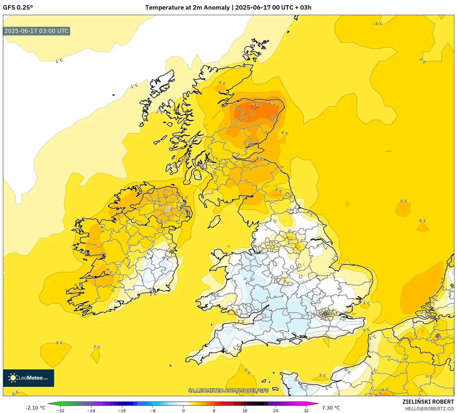 GFS model - United Kingdom, Anomali Suhu 2 m GFS model - United Kingdom, Anomali Suhu 2 m