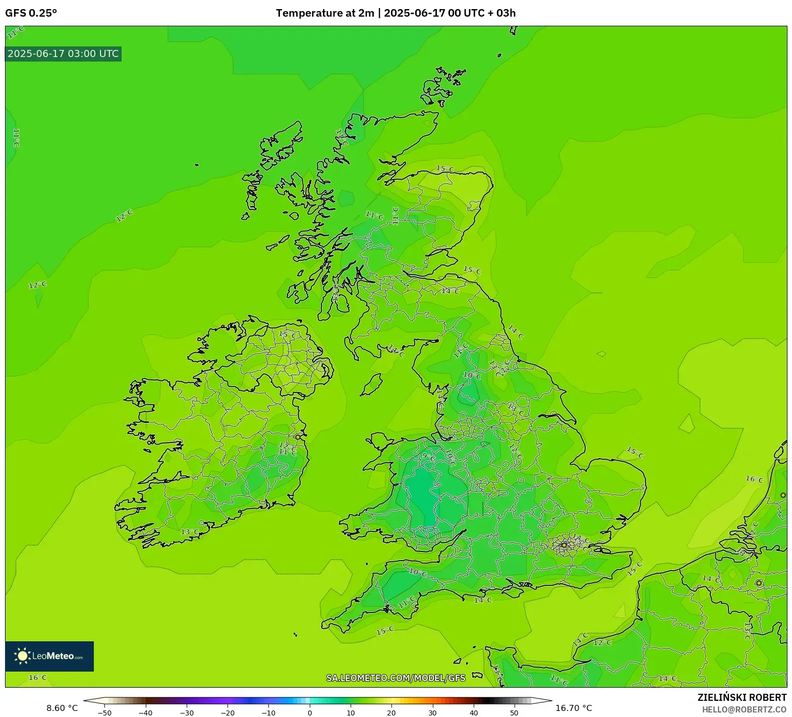 GFS model - United Kingdom, Suhu pada 2 m GFS model - United Kingdom, Suhu pada 2 m