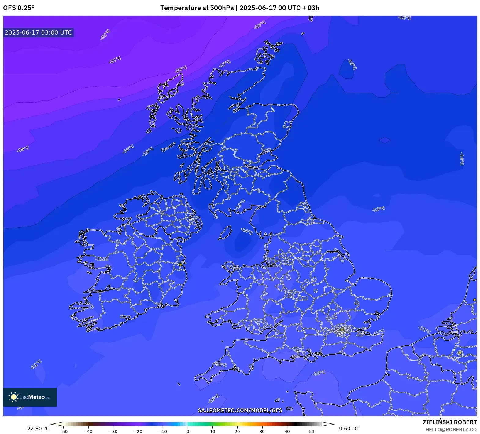 GFS model - United Kingdom, Suhu 500 hPa GFS model - United Kingdom, Suhu 500 hPa