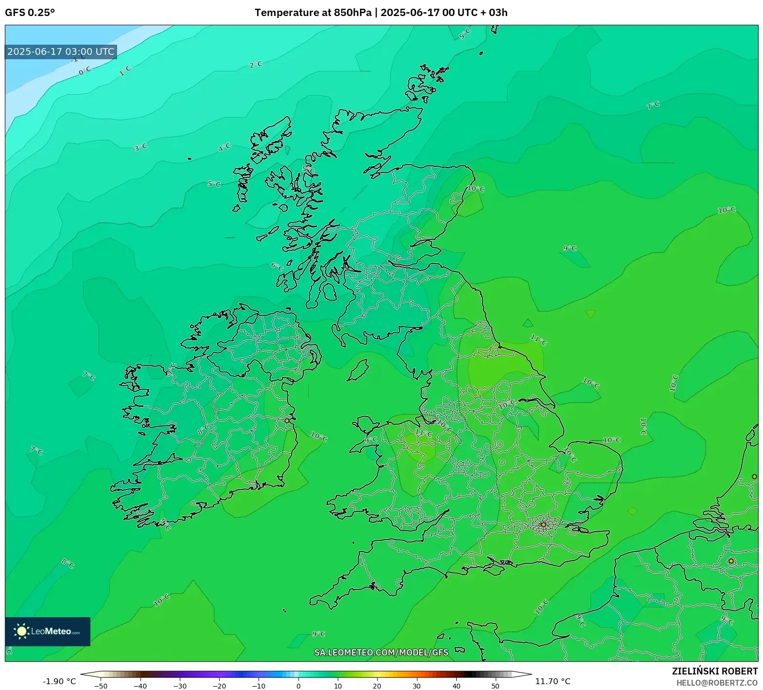 GFS model - United Kingdom, Suhu 850 hPa GFS model - United Kingdom, Suhu 850 hPa