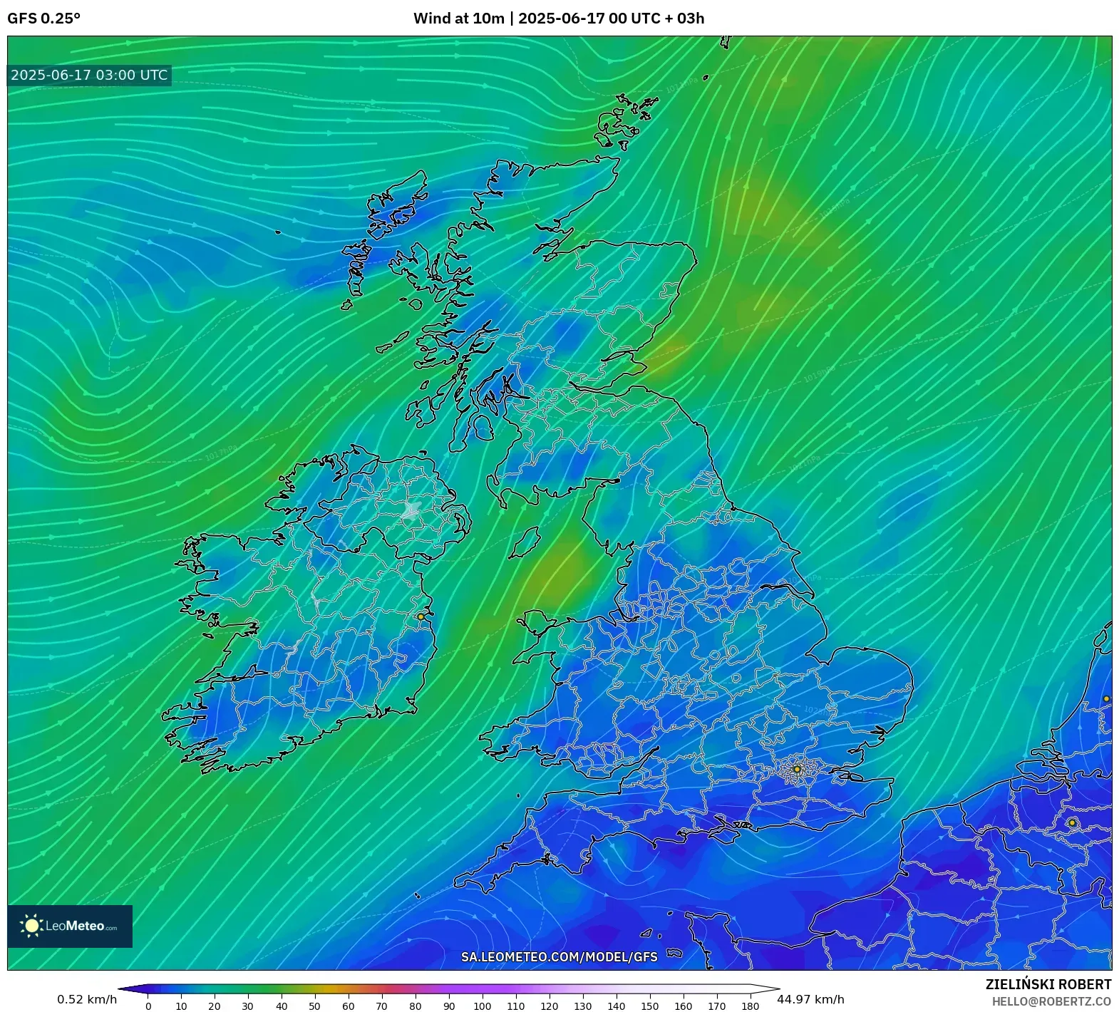 GFS model - United Kingdom, Angin 10 m GFS model - United Kingdom, Angin 10 m
