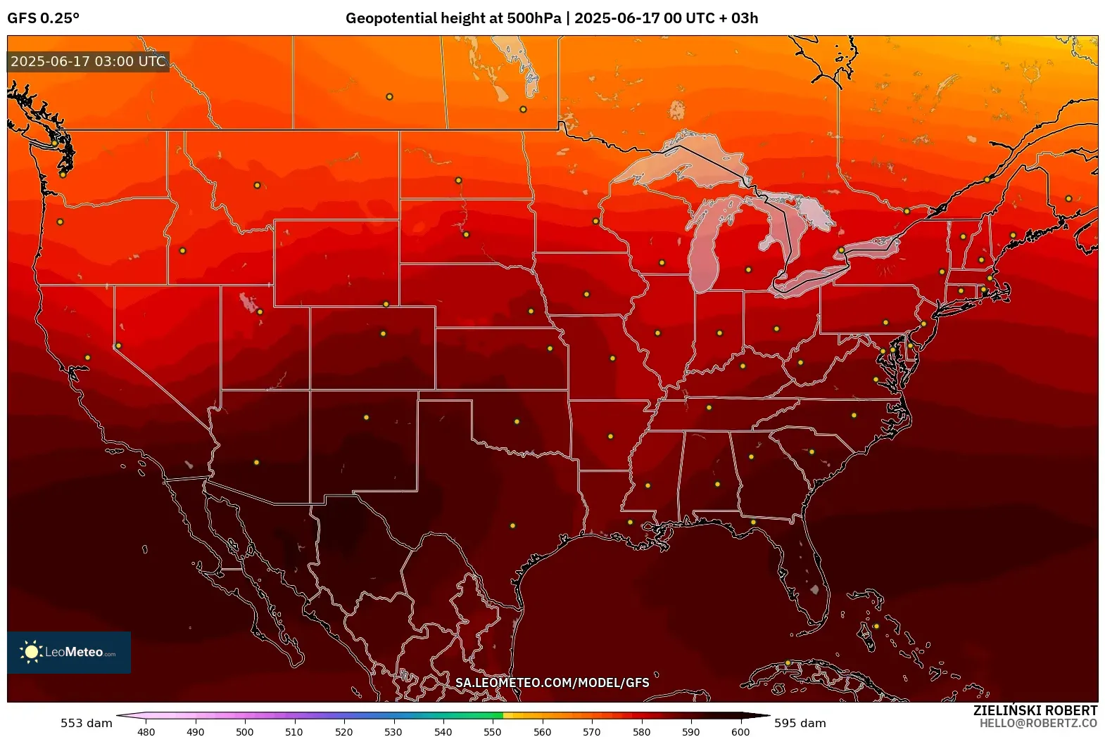 GFS model - Amerika Syarikat, Ketinggian geopotensial pada 500 hPa GFS model - Amerika Syarikat, Ketinggian geopotensial pada 500 hPa