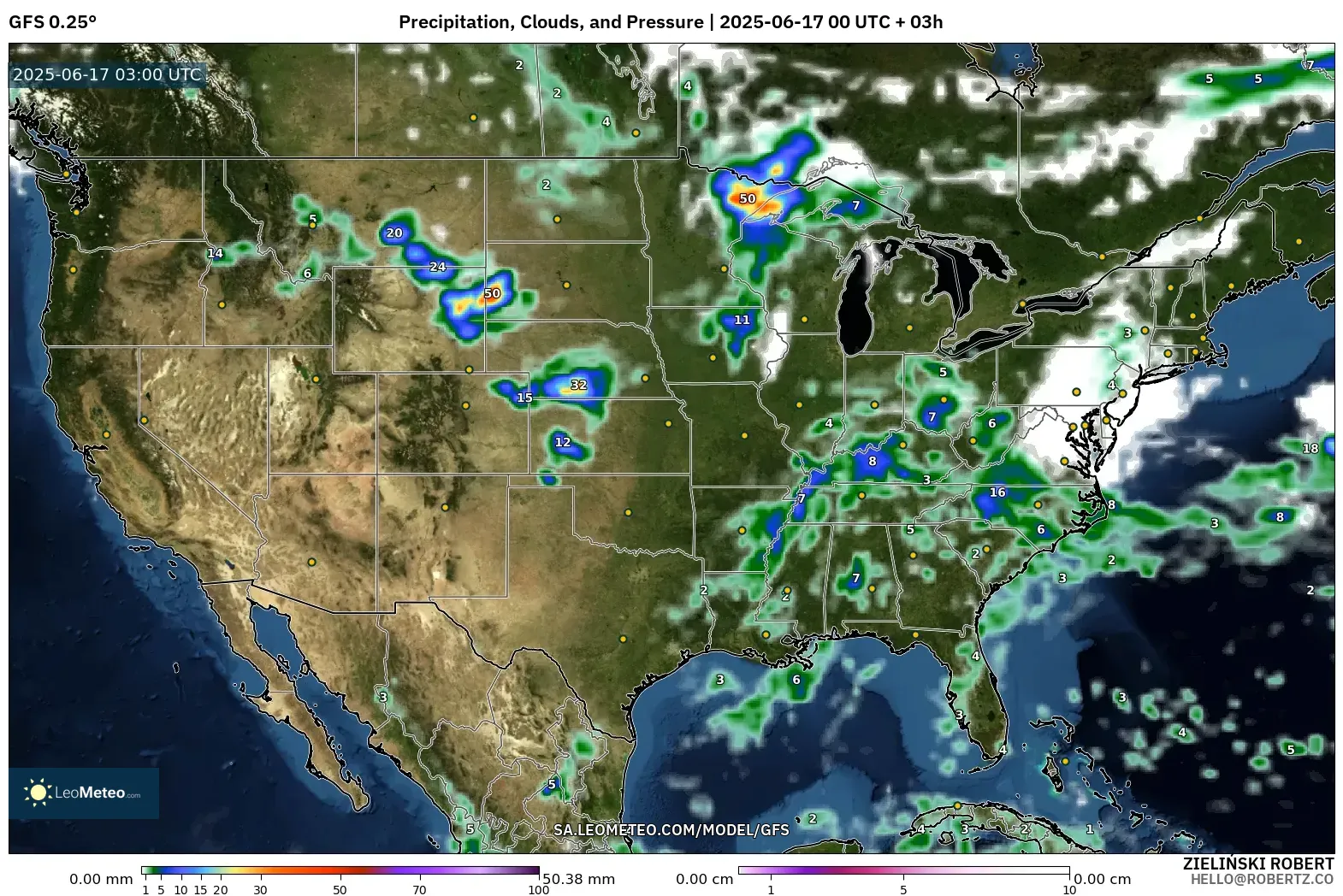 GFS model - Amerika Syarikat, Hujan, Awan dan Tekanan GFS model - Amerika Syarikat, Hujan, Awan dan Tekanan