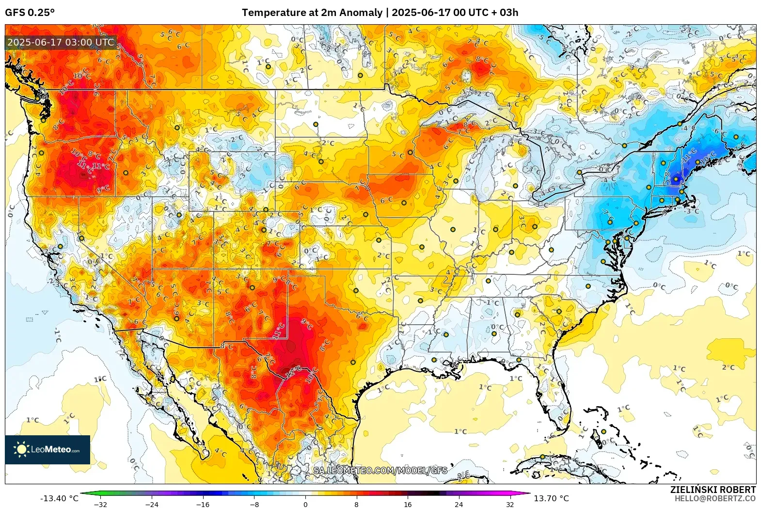 GFS model - Amerika Syarikat, Anomali Suhu 2 m GFS model - Amerika Syarikat, Anomali Suhu 2 m