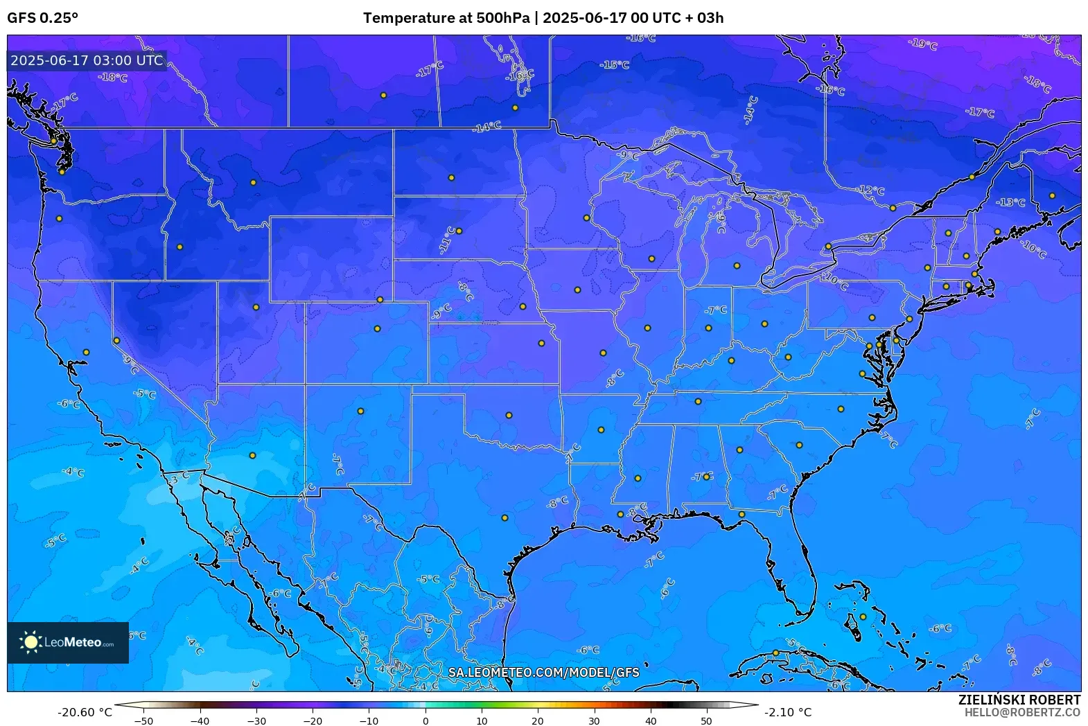 GFS model - Amerika Syarikat, Suhu 500 hPa GFS model - Amerika Syarikat, Suhu 500 hPa