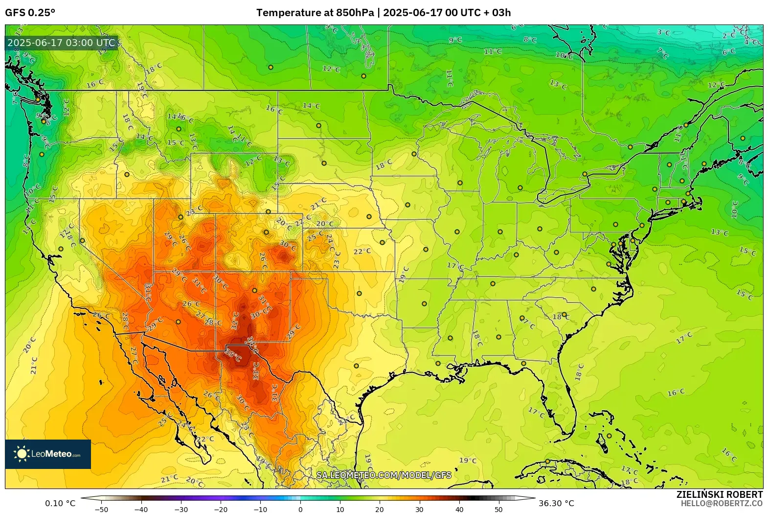 GFS model - Amerika Syarikat, Suhu 850 hPa GFS model - Amerika Syarikat, Suhu 850 hPa