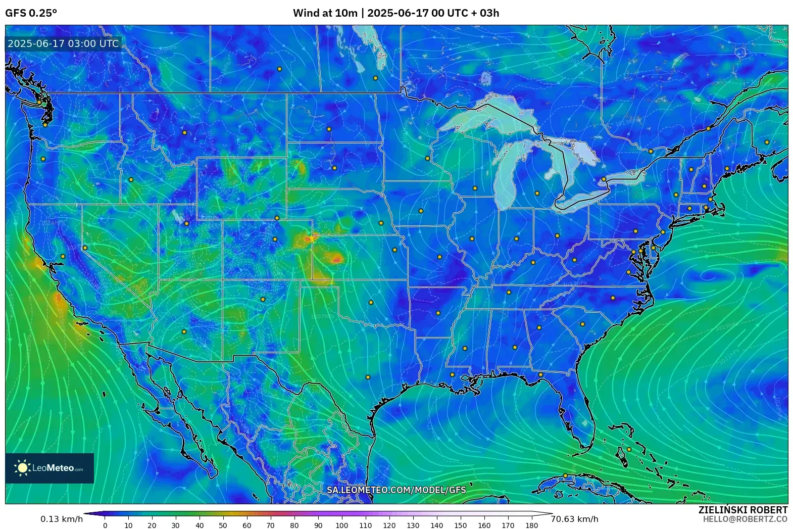 GFS model - Amerika Syarikat, Angin 10 m GFS model - Amerika Syarikat, Angin 10 m