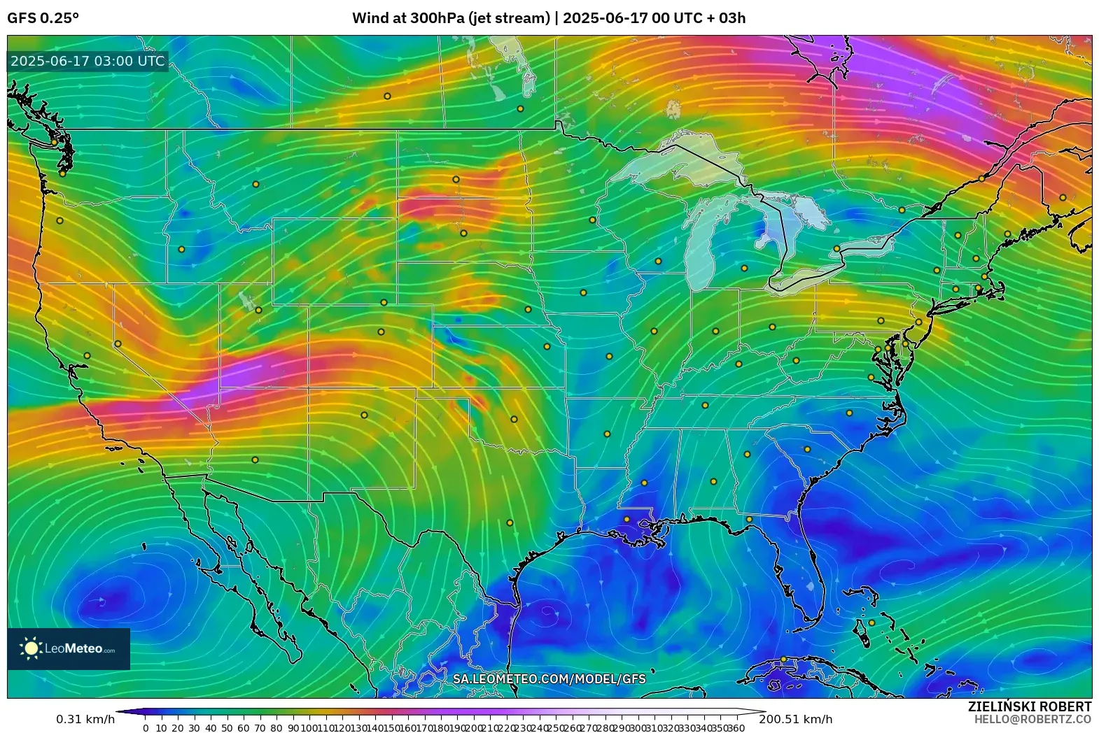 GFS model - United States, Wind at 300hPa (jet stream) GFS model - United States, Wind at 300hPa (jet stream)