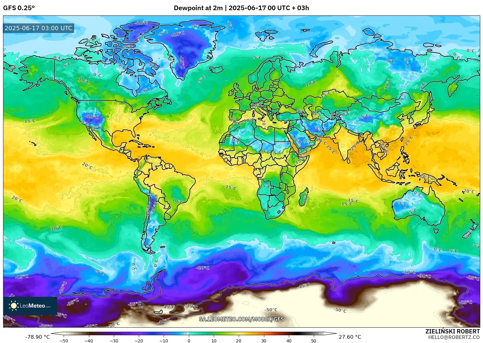 GFS model - Dunia, Takat Embun 2 m GFS model - Dunia, Takat Embun 2 m