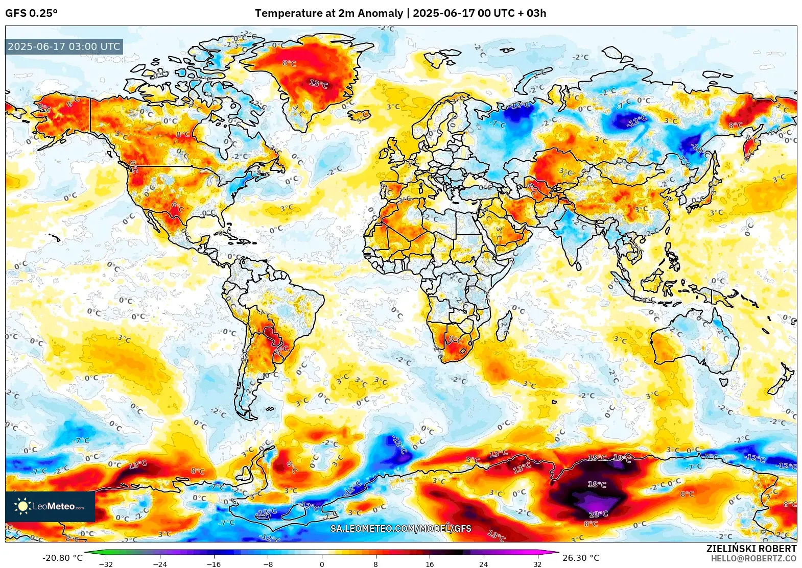GFS model - Dunia, Anomali Suhu 2 m GFS model - Dunia, Anomali Suhu 2 m
