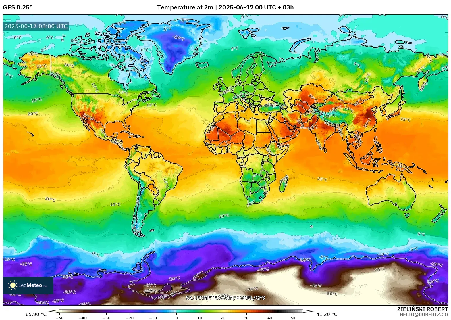 GFS model - Dunia, Suhu pada 2 m GFS model - Dunia, Suhu pada 2 m