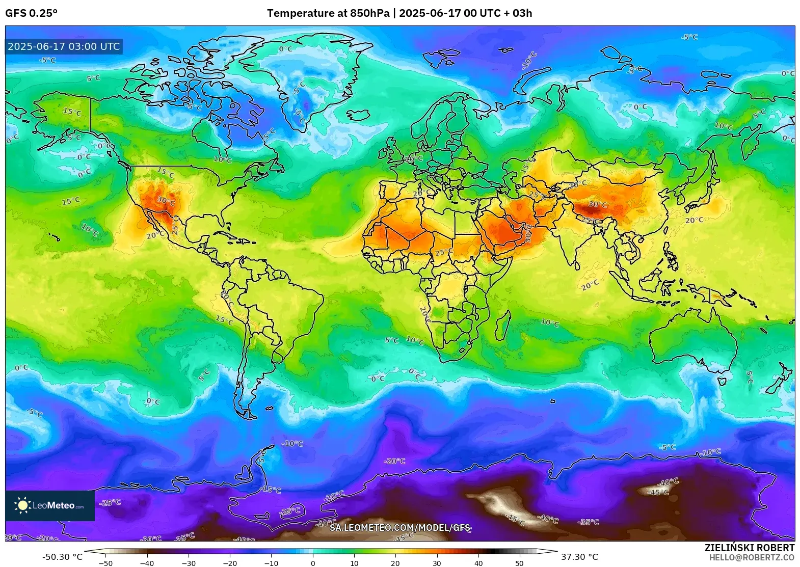 GFS model - Dunia, Suhu 850 hPa GFS model - Dunia, Suhu 850 hPa