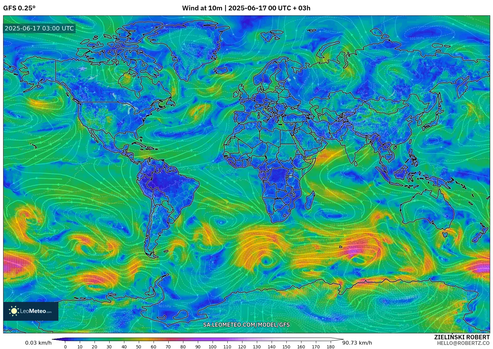 GFS model - Dunia, Angin 10 m GFS model - Dunia, Angin 10 m