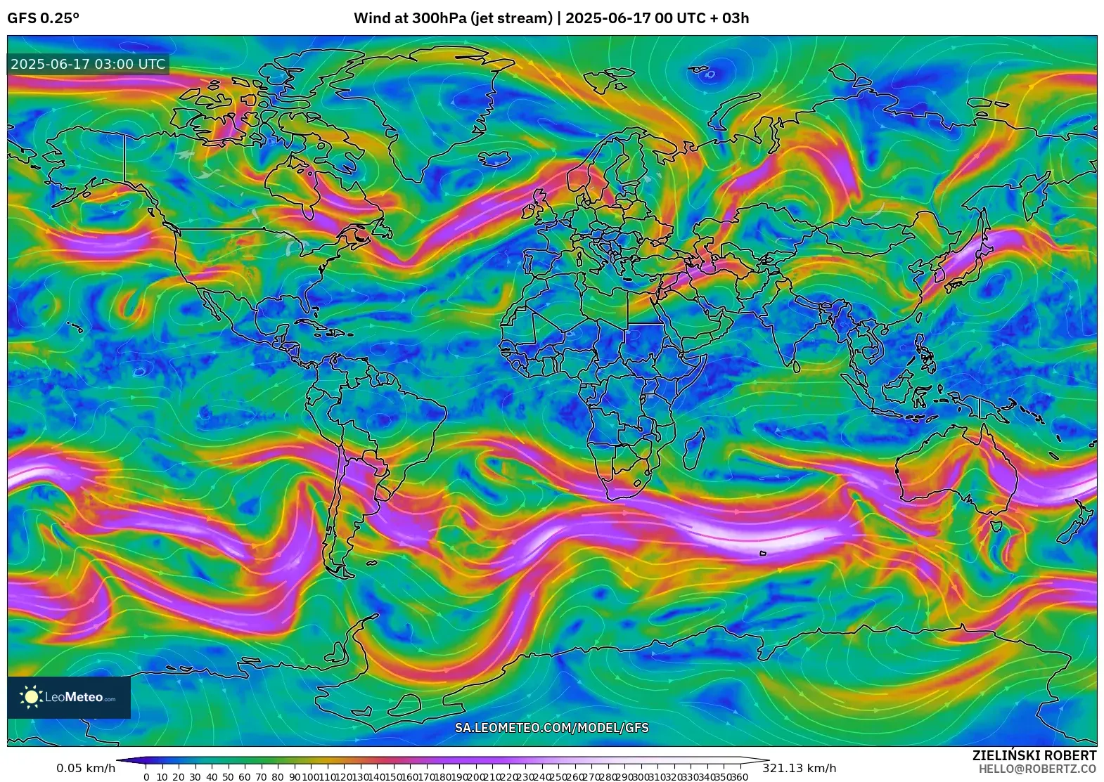 GFS model - Dunia, Angin 300 hPa (aliran jet)