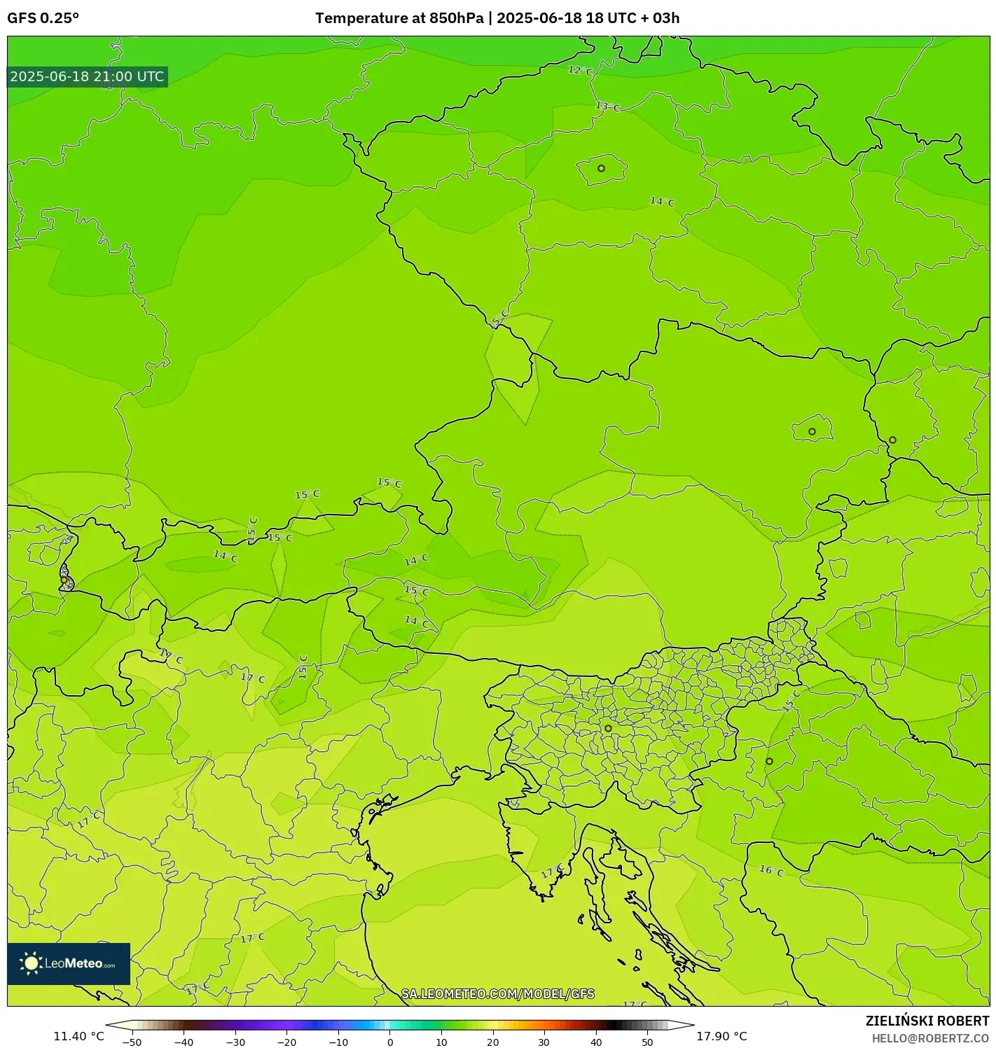 GFS model - Austria, Temperature at 850hPa GFS model - Austria, Temperature at 850hPa