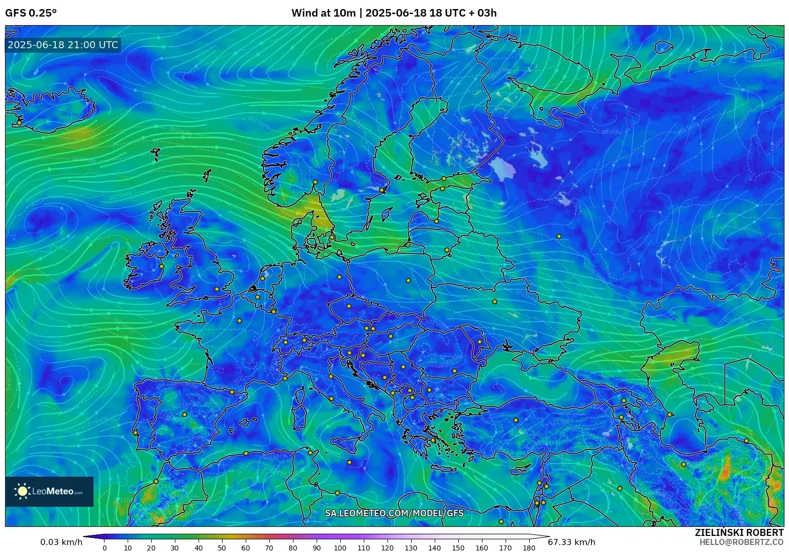 GFS model - Europe, Wind at 10m GFS model - Europe, Wind at 10m