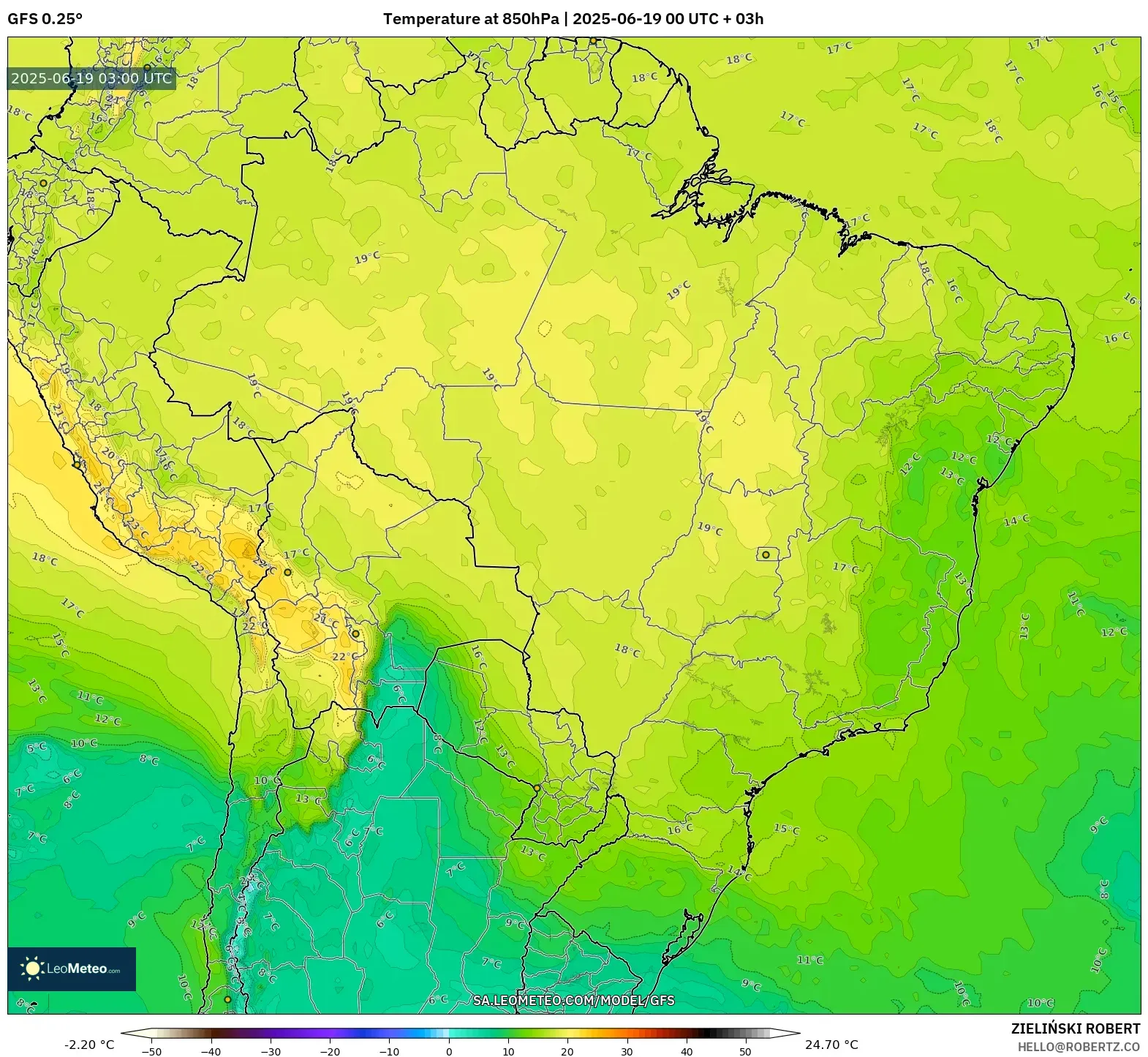 GFS model - Brazil, Temperature at 850hPa GFS model - Brazil, Temperature at 850hPa
