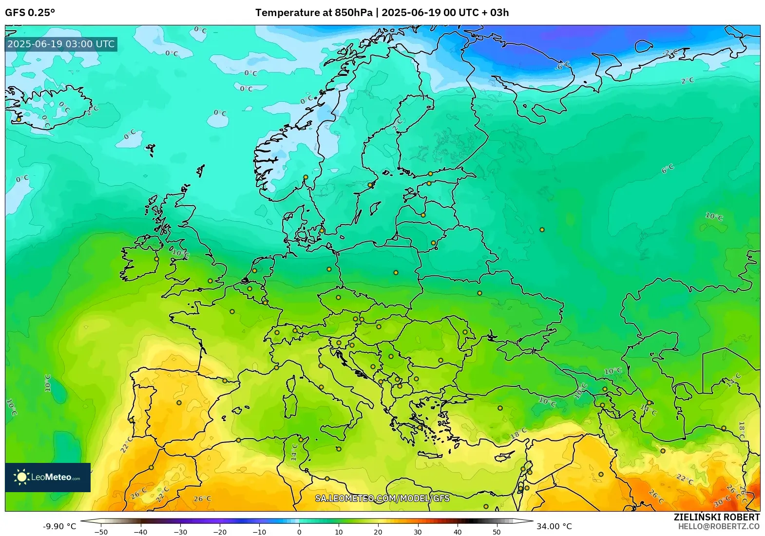 GFS model - Europe, Temperature at 850hPa GFS model - Europe, Temperature at 850hPa