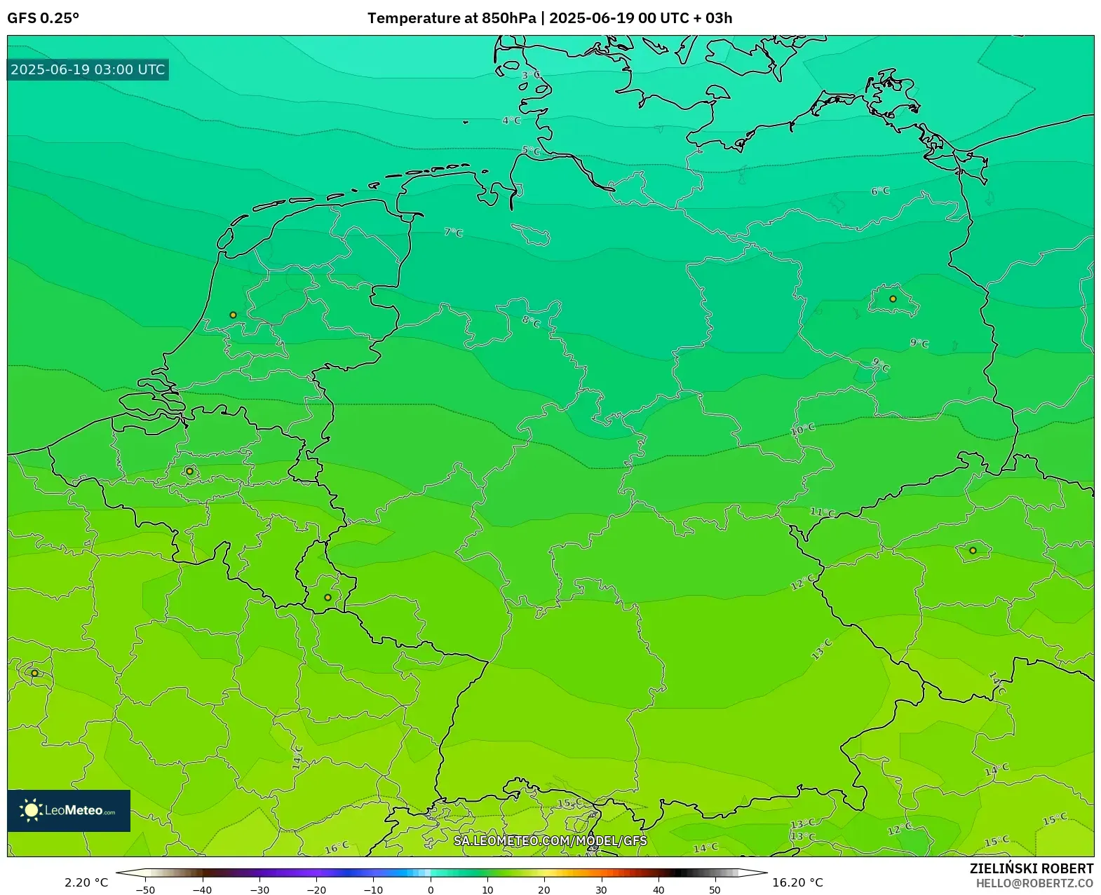 GFS model - Germany, Temperature at 850hPa GFS model - Germany, Temperature at 850hPa