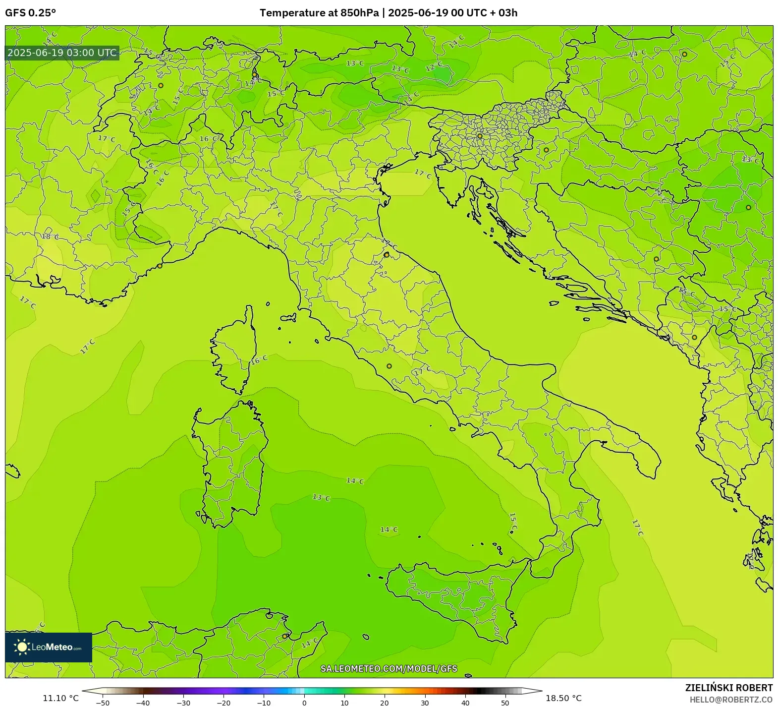 GFS model - Italy, Temperature at 850hPa GFS model - Italy, Temperature at 850hPa