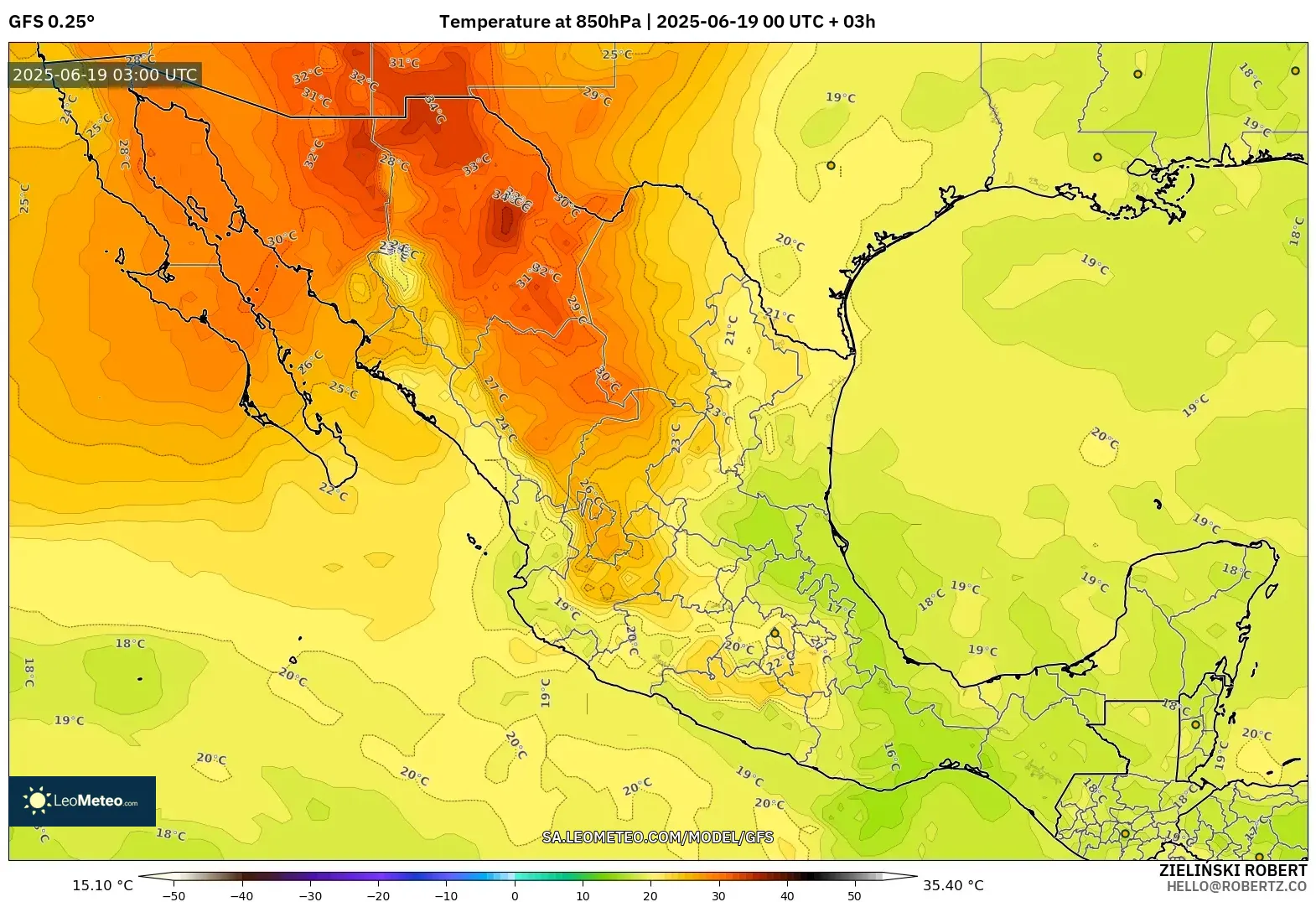 GFS model - Mexico, Temperature at 850hPa GFS model - Mexico, Temperature at 850hPa