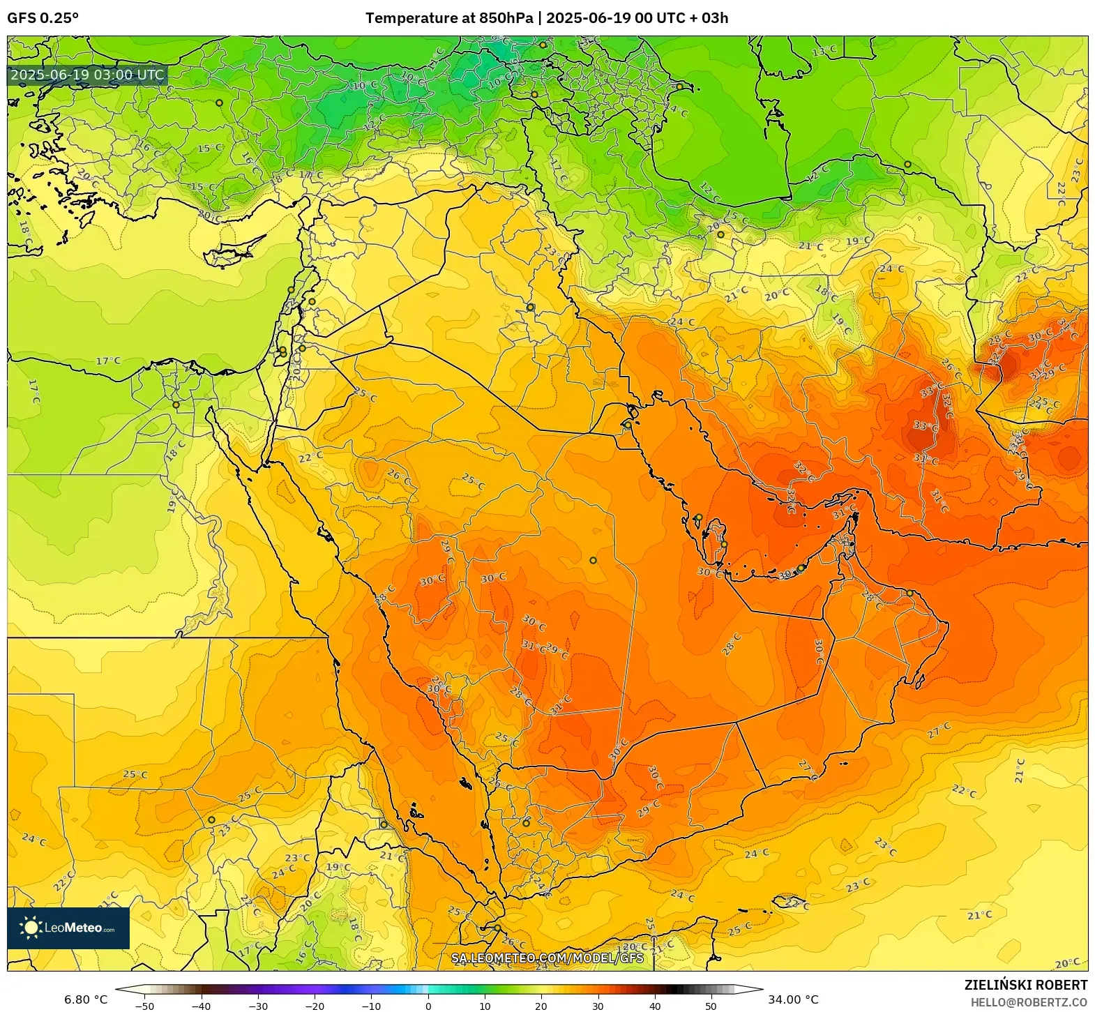 GFS model - Middle East, Temperature at 850hPa GFS model - Middle East, Temperature at 850hPa