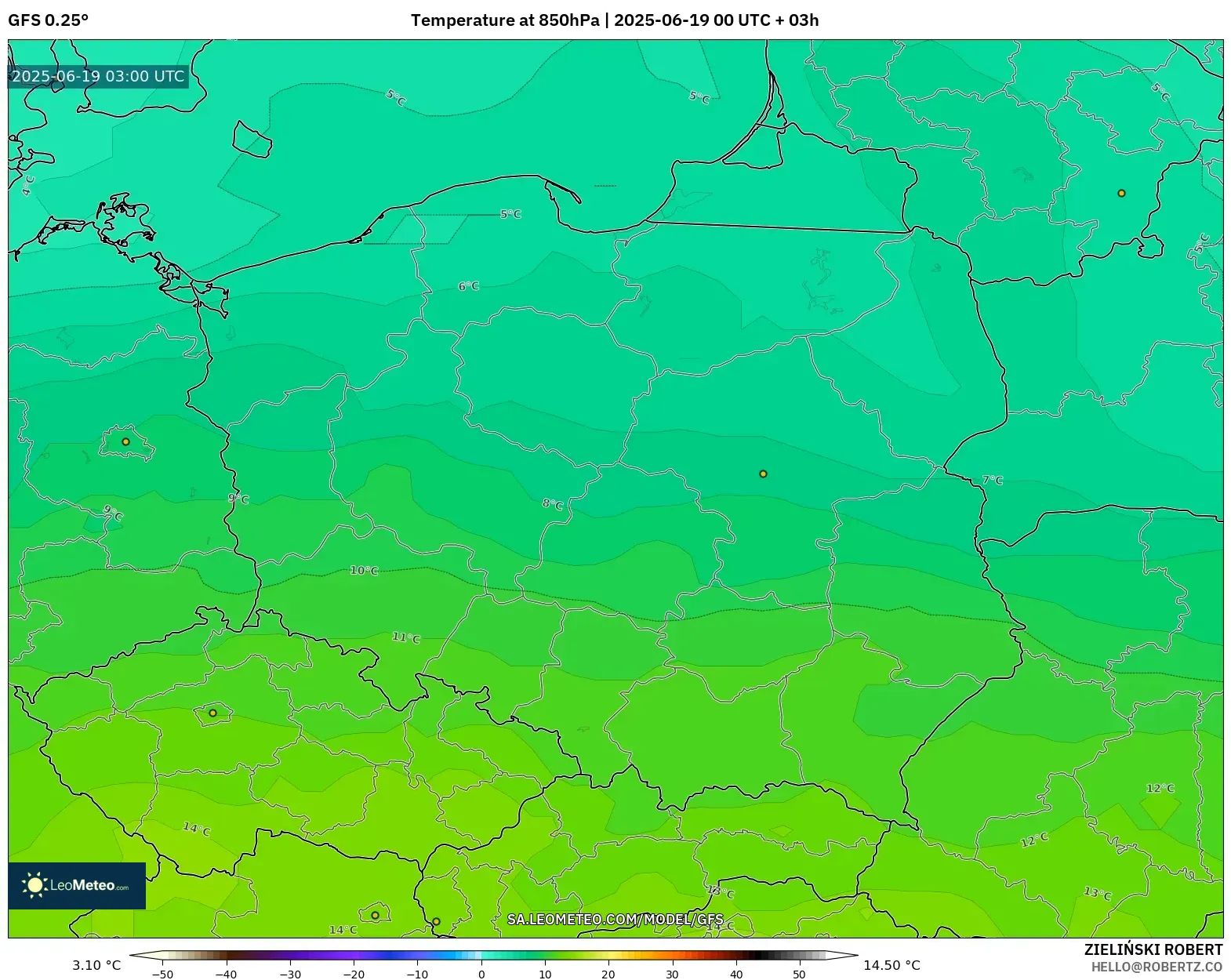 GFS model - Poland, Temperature at 850hPa GFS model - Poland, Temperature at 850hPa