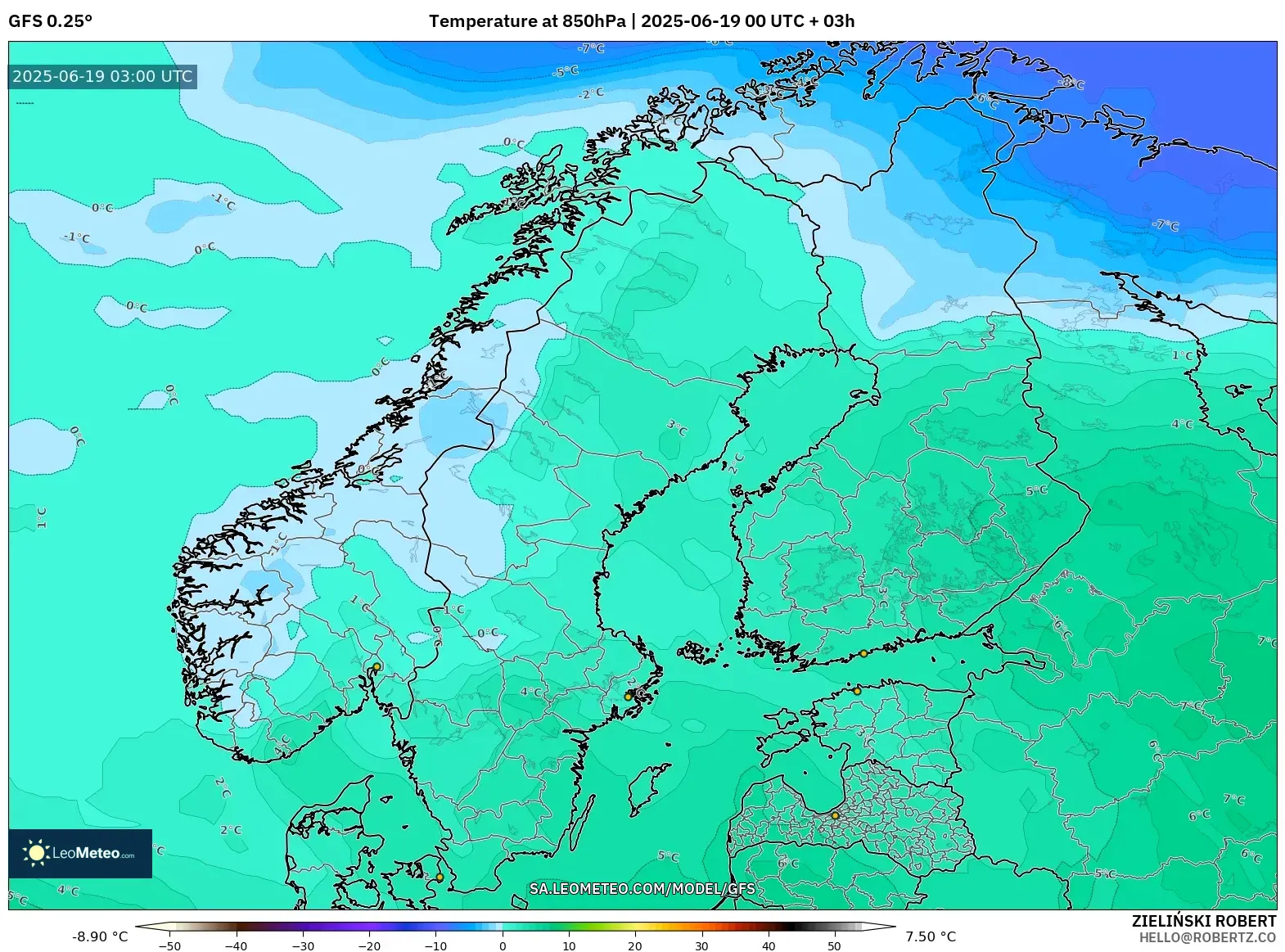 GFS model - Scandinavia, Temperature at 850hPa GFS model - Scandinavia, Temperature at 850hPa