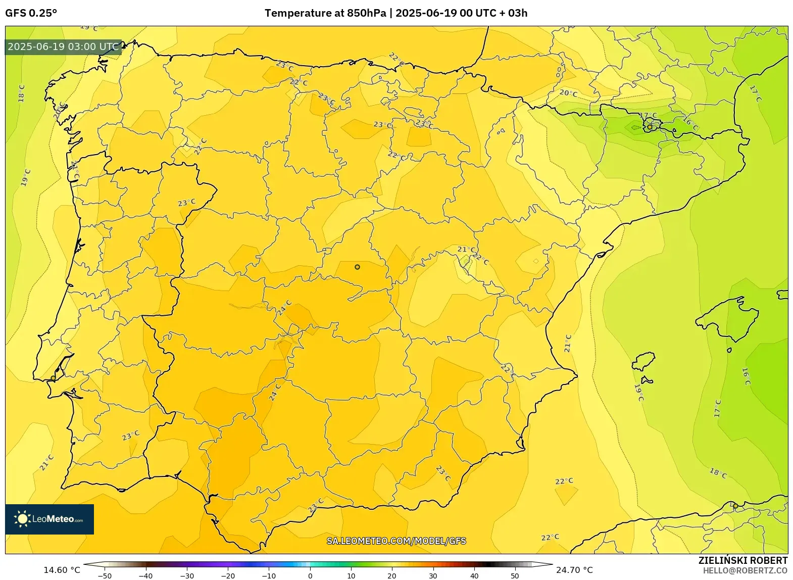 GFS model - Spain, Temperature at 850hPa GFS model - Spain, Temperature at 850hPa