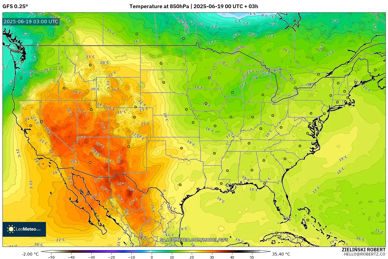 GFS model - United States, Temperature at 850hPa GFS model - United States, Temperature at 850hPa