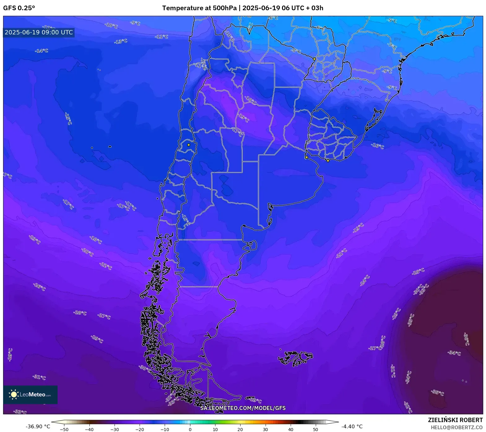 GFS model - Argentina, Temperature at 500hPa GFS model - Argentina, Temperature at 500hPa