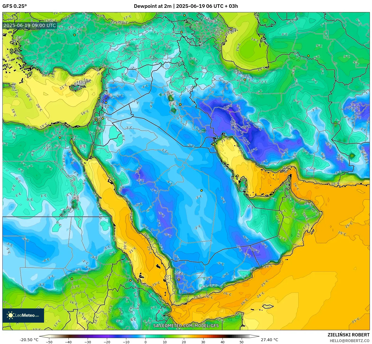 GFS model - Middle East, Dewpoint at 2m GFS model - Middle East, Dewpoint at 2m