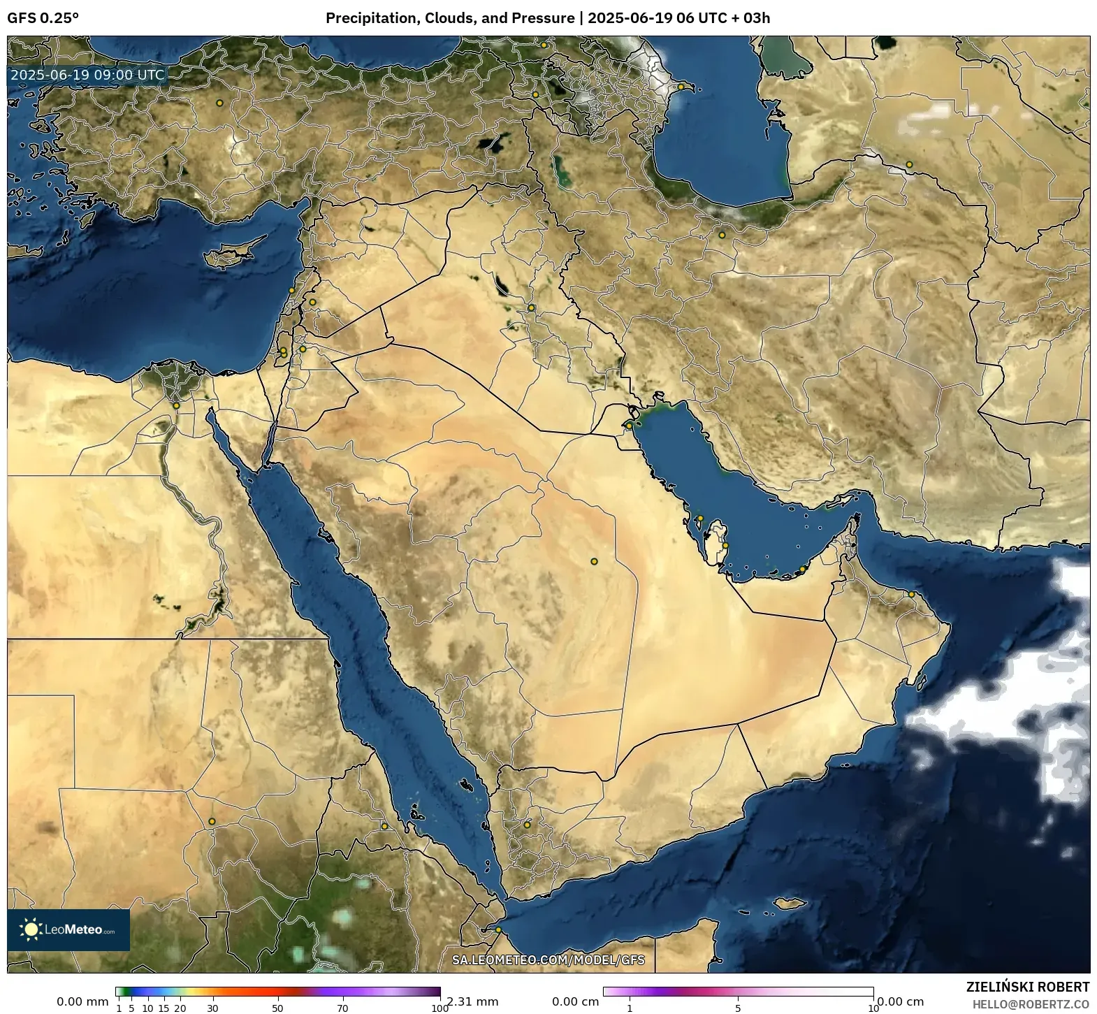 GFS model - Middle East, Precipitation, Clouds, and Pressure
