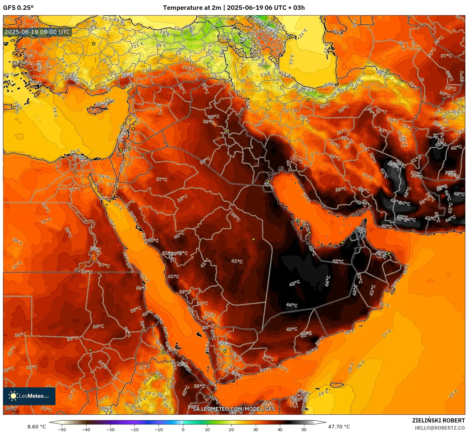 GFS model - Middle East, Temperature at 2m GFS model - Middle East, Temperature at 2m