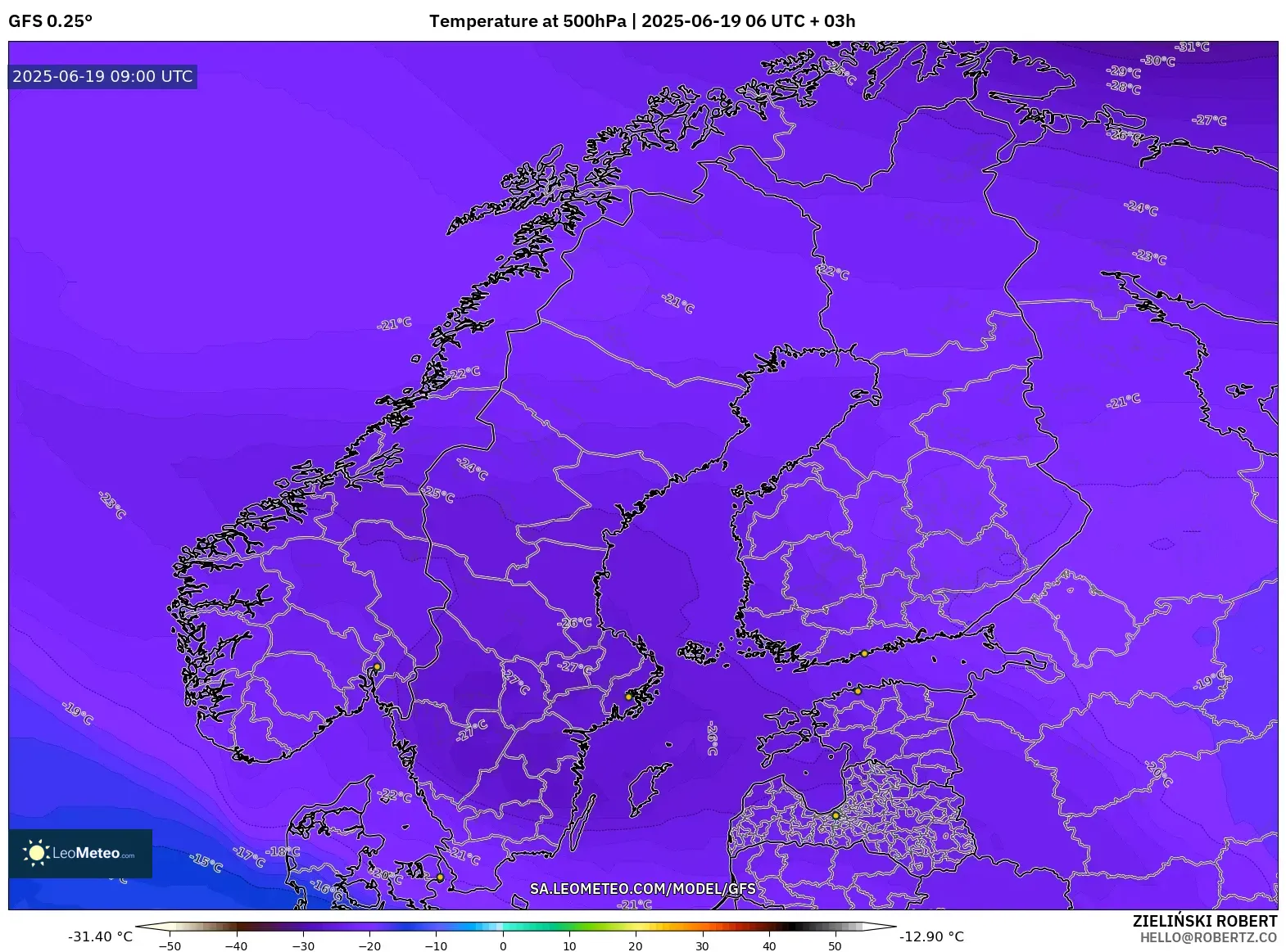 GFS model - Scandinavia, Temperature at 500hPa GFS model - Scandinavia, Temperature at 500hPa