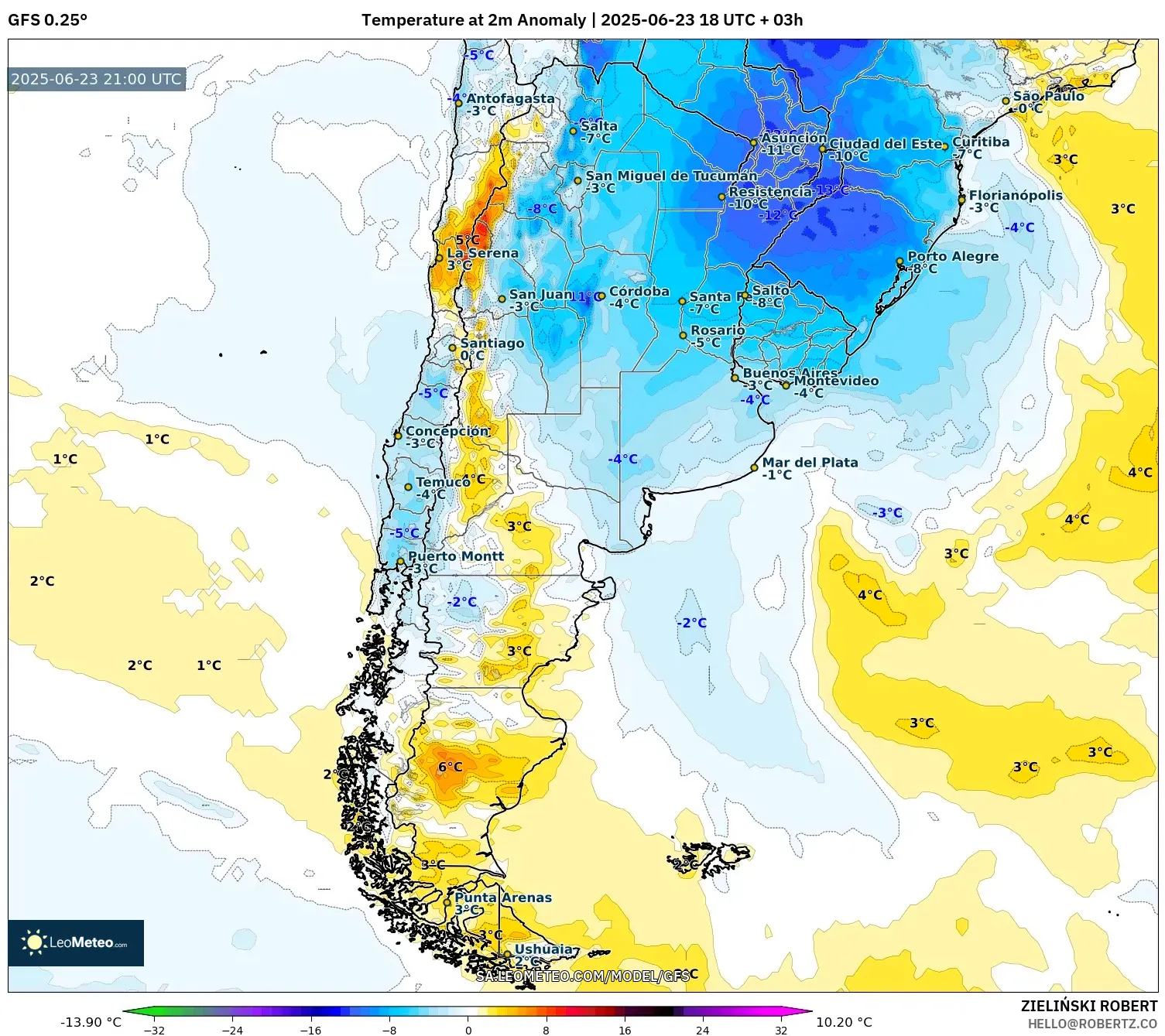 GFS model - Argentina, Temperature at 2m Anomaly GFS model - Argentina, Temperature at 2m Anomaly