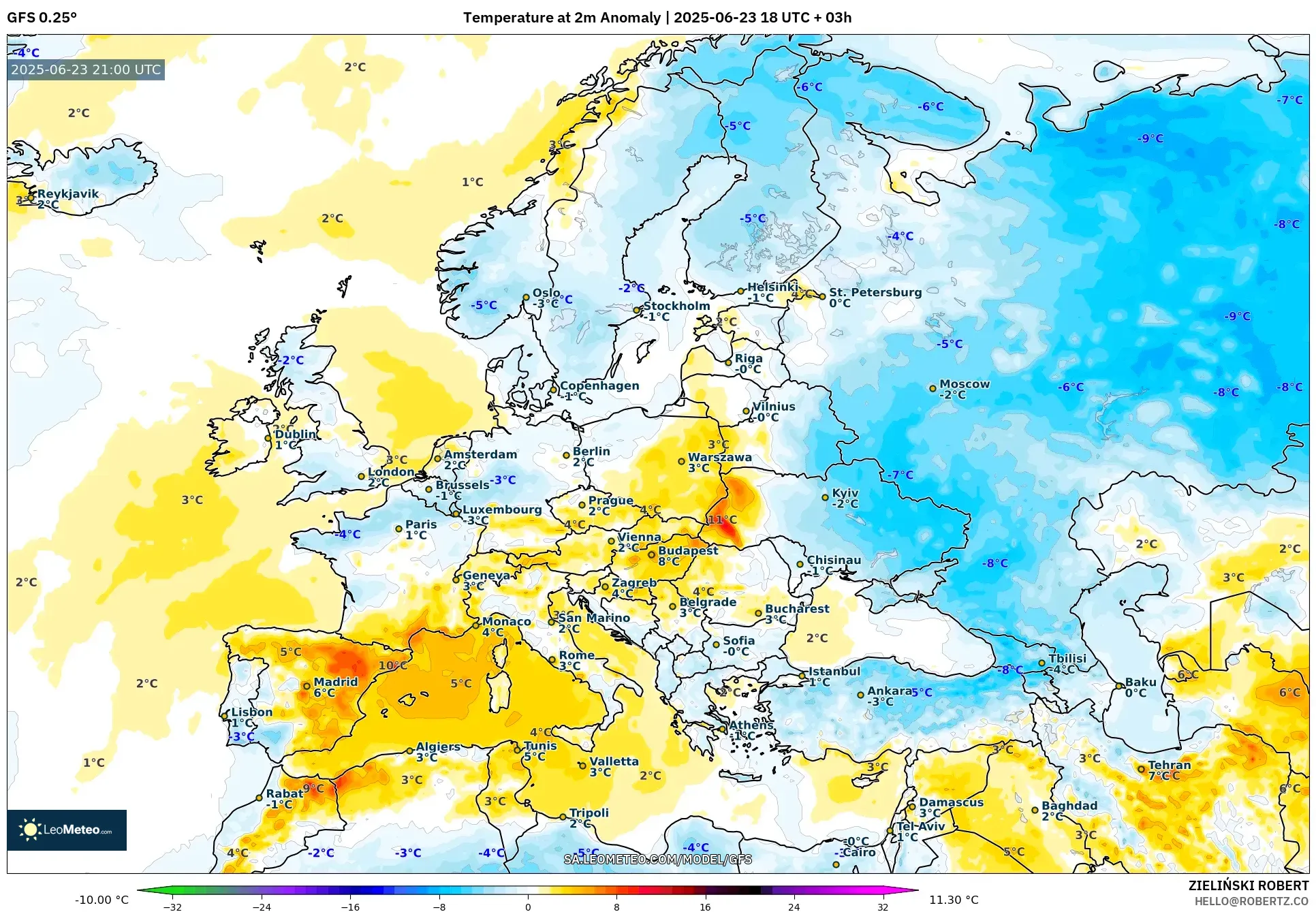 GFS model - Europe, Temperature at 2m Anomaly GFS model - Europe, Temperature at 2m Anomaly