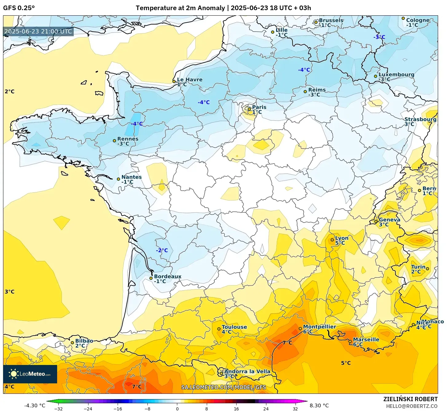 GFS model - France, Temperature at 2m Anomaly GFS model - France, Temperature at 2m Anomaly