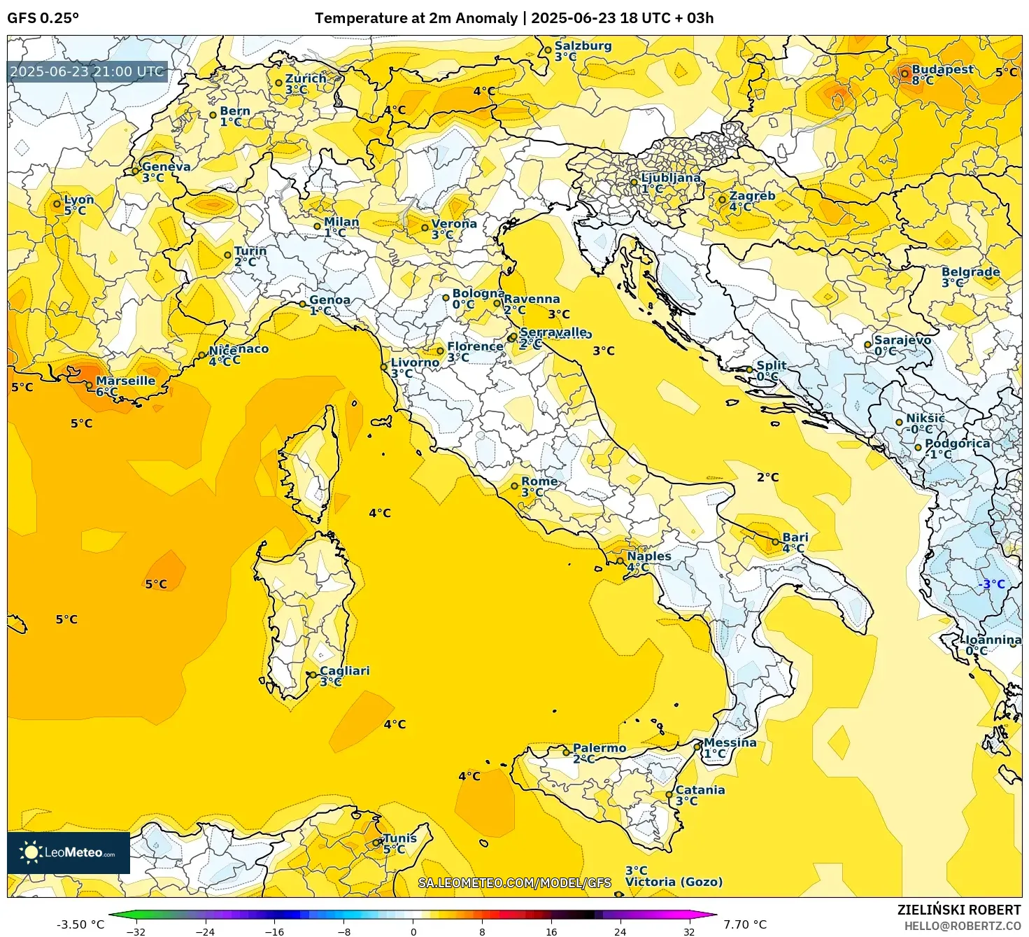 GFS model - Italy, Temperature at 2m Anomaly GFS model - Italy, Temperature at 2m Anomaly